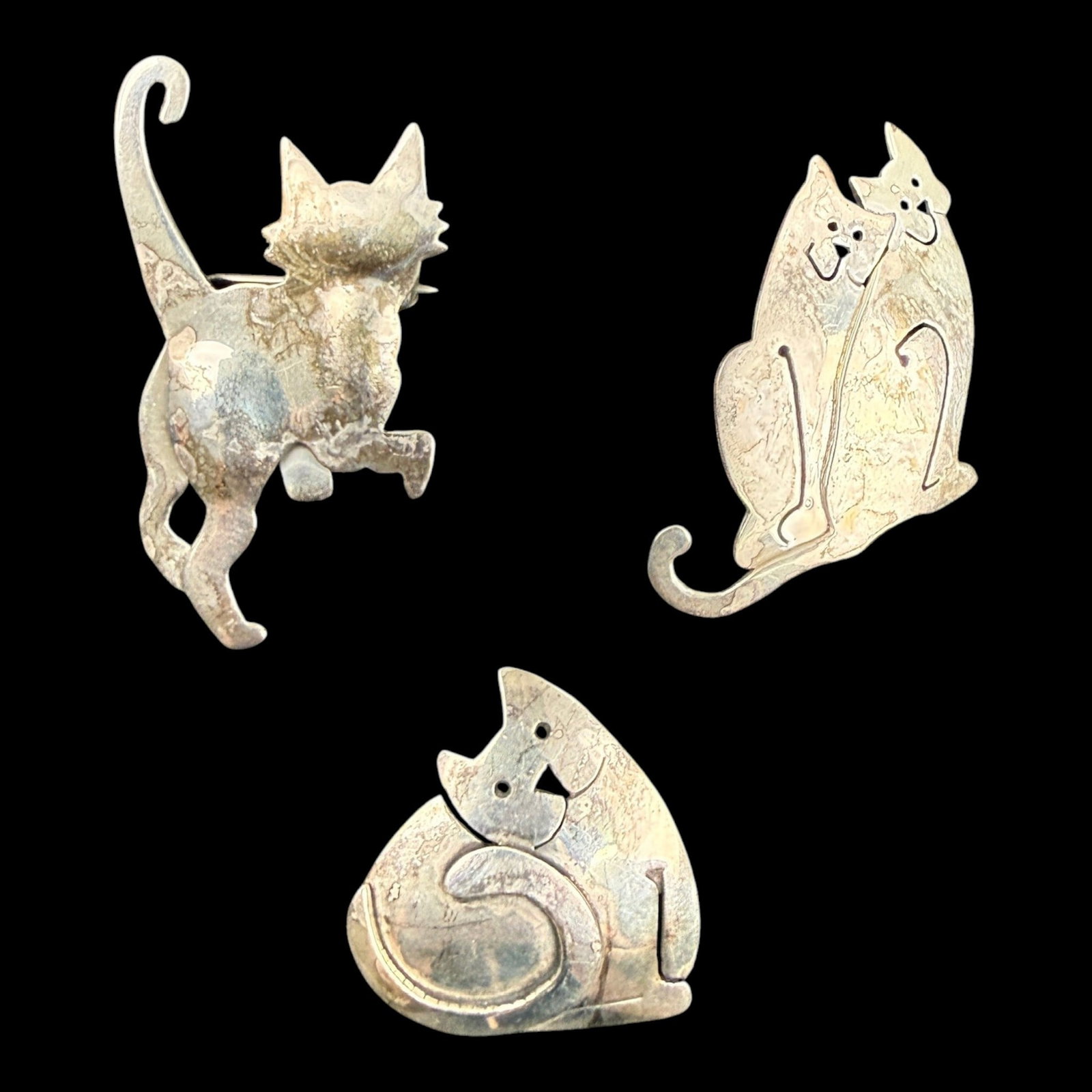 Far Fetched Sterling Silver Three Figural Cat Brooch Pins Including Sitting, Curled & Playful Cats (1 of 2)