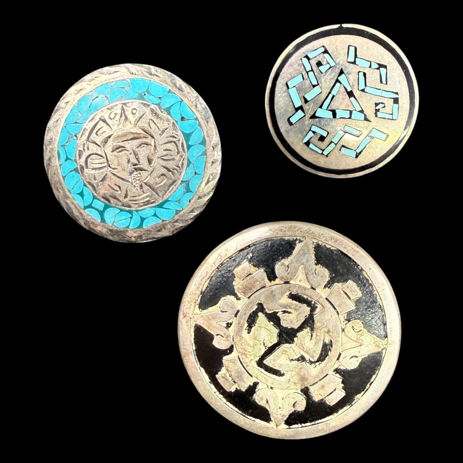 Taxco Mexico Sterling Silver Mixed Inlay & Overlay Circular Brooch Pendant Jewelry Collection of 3: Professional, fast, and affordable in house shipping available for all items.For higher resolution images please visit bid.craftedauctions.com Taxco Mexico Sterling Silver Mixed Inlay & Overlay Circul