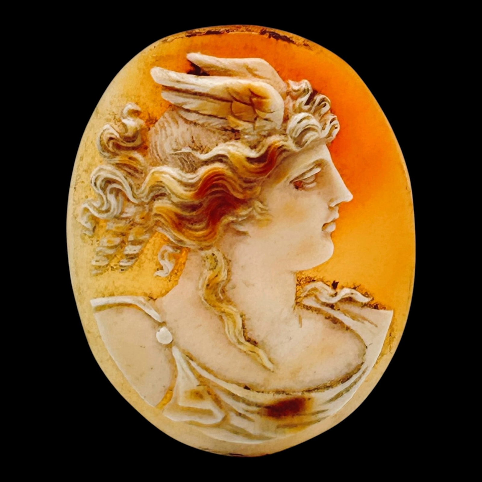 Hand Carved Shell Cameo Classical Lady Profile Oval Cabochon Loose Unframed Jewelry Stone: Professional, fast, and affordable in house shipping available for all items.For higher resolution images please visit bid.craftedauctions.com Exquisitely hand carved oval shell cameo depicting a wing