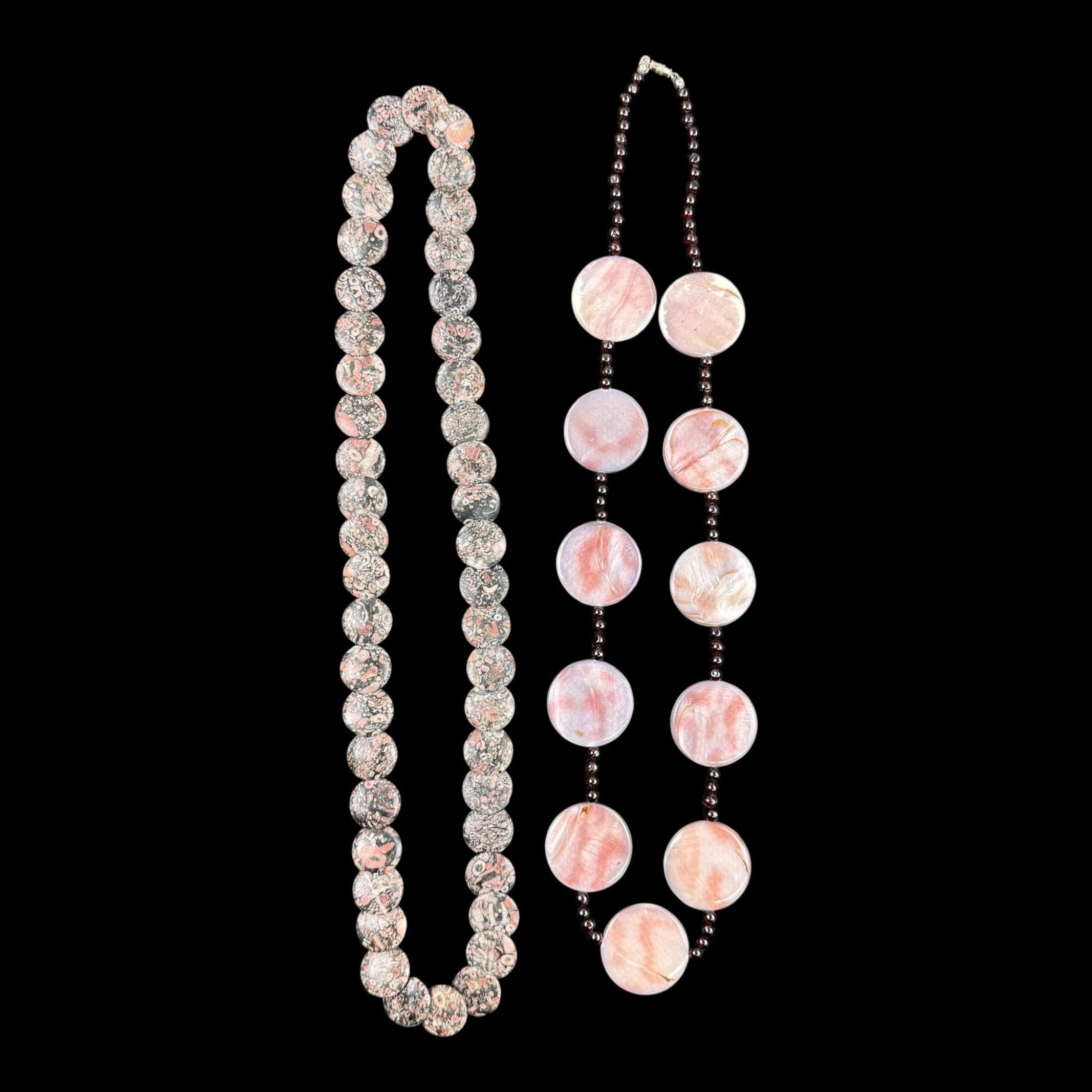 Vintage Stone & Shell Beaded Leopard Skin Jasper Disc & Mother Of Pearl Necklaces: Professional, fast, and affordable in house shipping available for all items.For higher resolution images please visit bid.craftedauctions.com Vintage Stone & Shell Beaded Leopard Skin Jasper Disc & M
