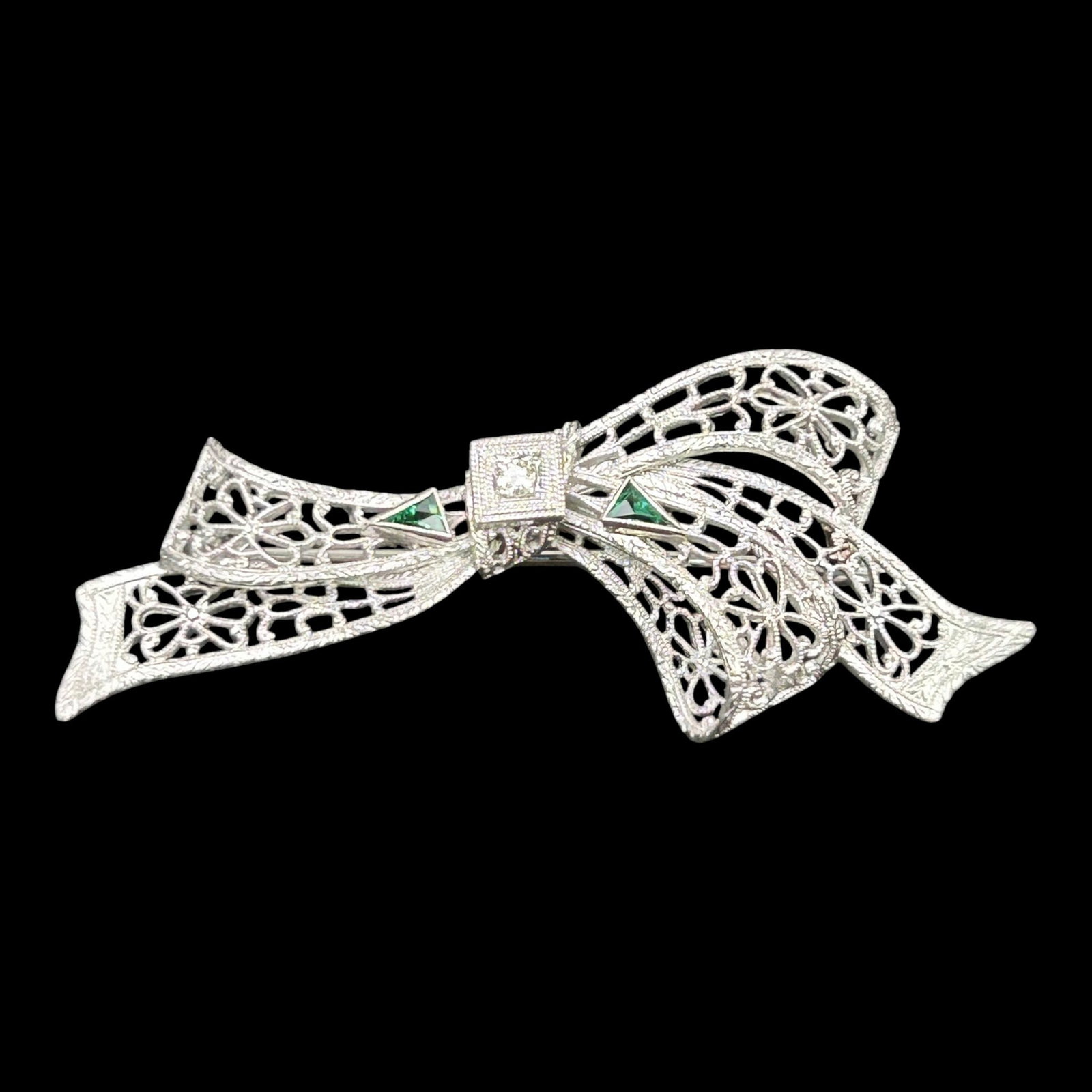 14K White Gold Diamond Emerald Filigree Bow Brooch Edwardian Revival Openwork Pin Design (1 of 4)