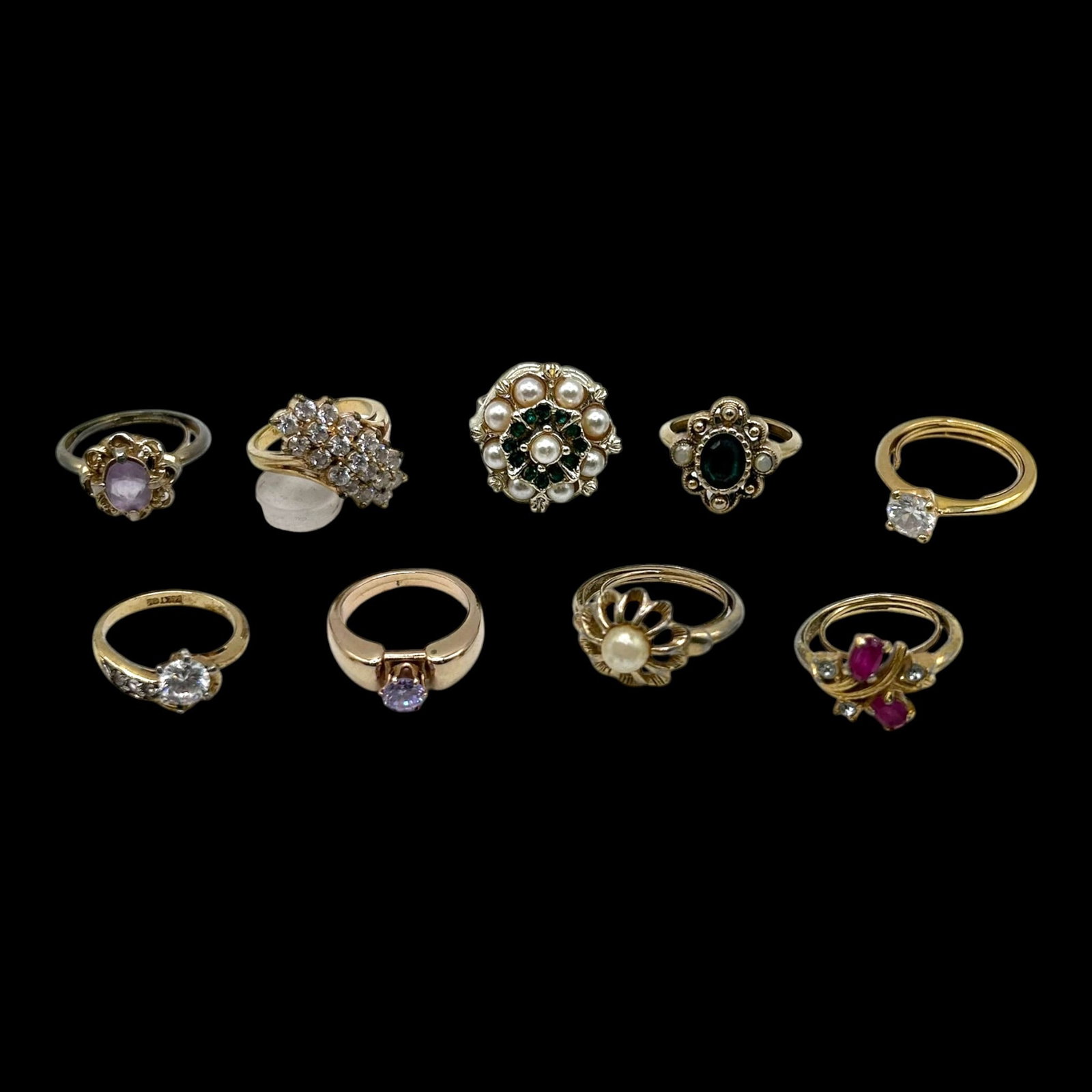 Gold Tone Ring Collection Amethyst Pearl Garnet CZ Cluster Floral & Solitaire Estate Jewelry: Professional, fast, and affordable in house shipping available for all items.For higher resolution images please visit bid.craftedauctions.com Assorted gold tone rings featuring amethyst, pearl, garne
