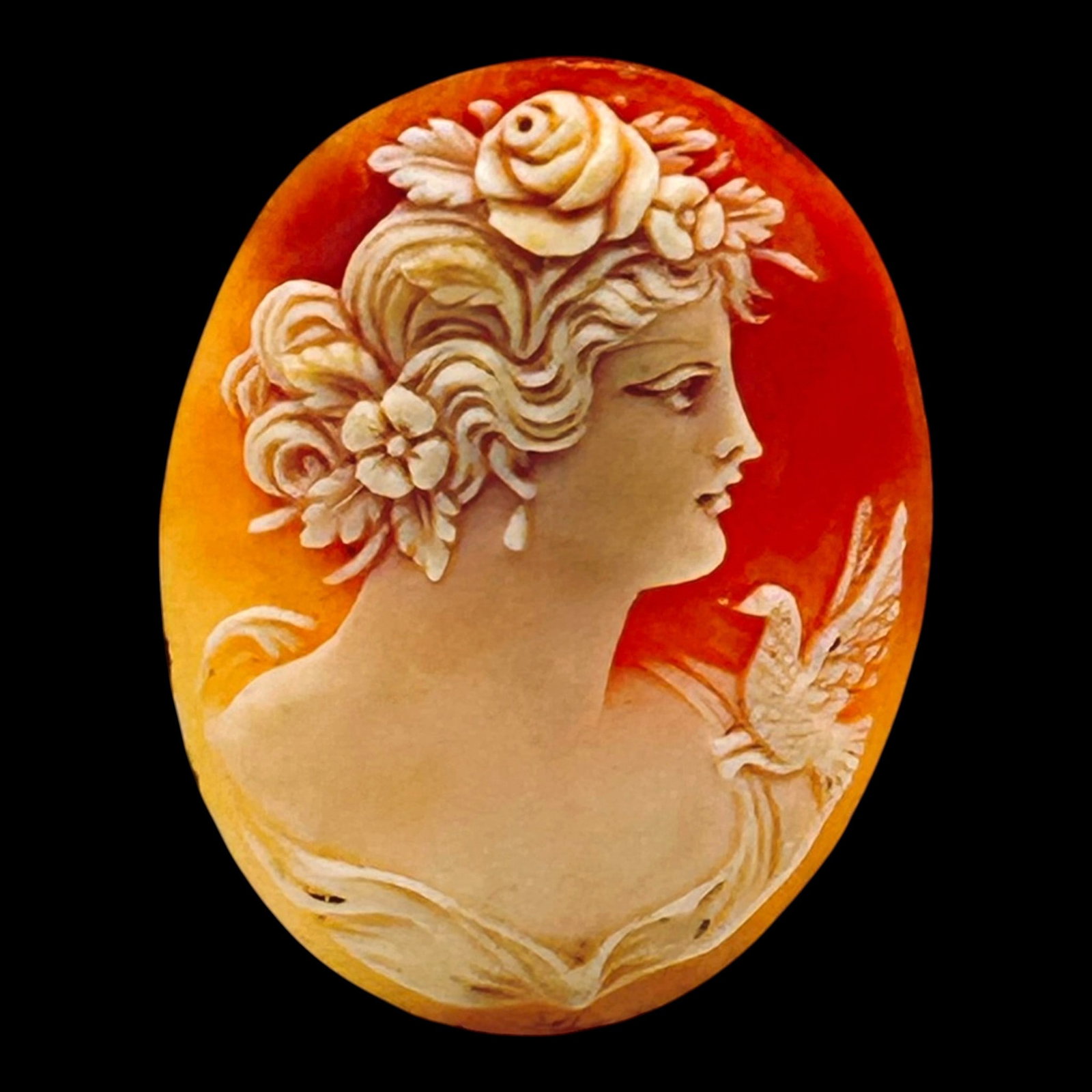 Hand Carved Shell Cameo Classical Lady Profile & Dove Oval Cabochon Loose Unframed Jewelry Stone: Professional, fast, and affordable in house shipping available for all items.For higher resolution images please visit bid.craftedauctions.com Exquisitely hand carved oval shell cameo depicting a clas