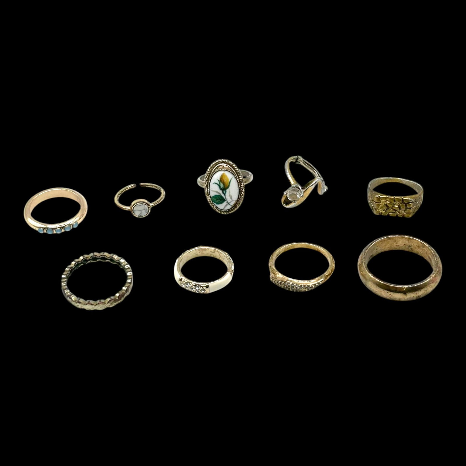 Gold Tone Ring Collection Painted Floral Porcelain CZ Turquoise Band Designs: Professional, fast, and affordable in house shipping available for all items.For higher resolution images please visit bid.craftedauctions.com Assorted gold tone rings featuring painted floral porcela