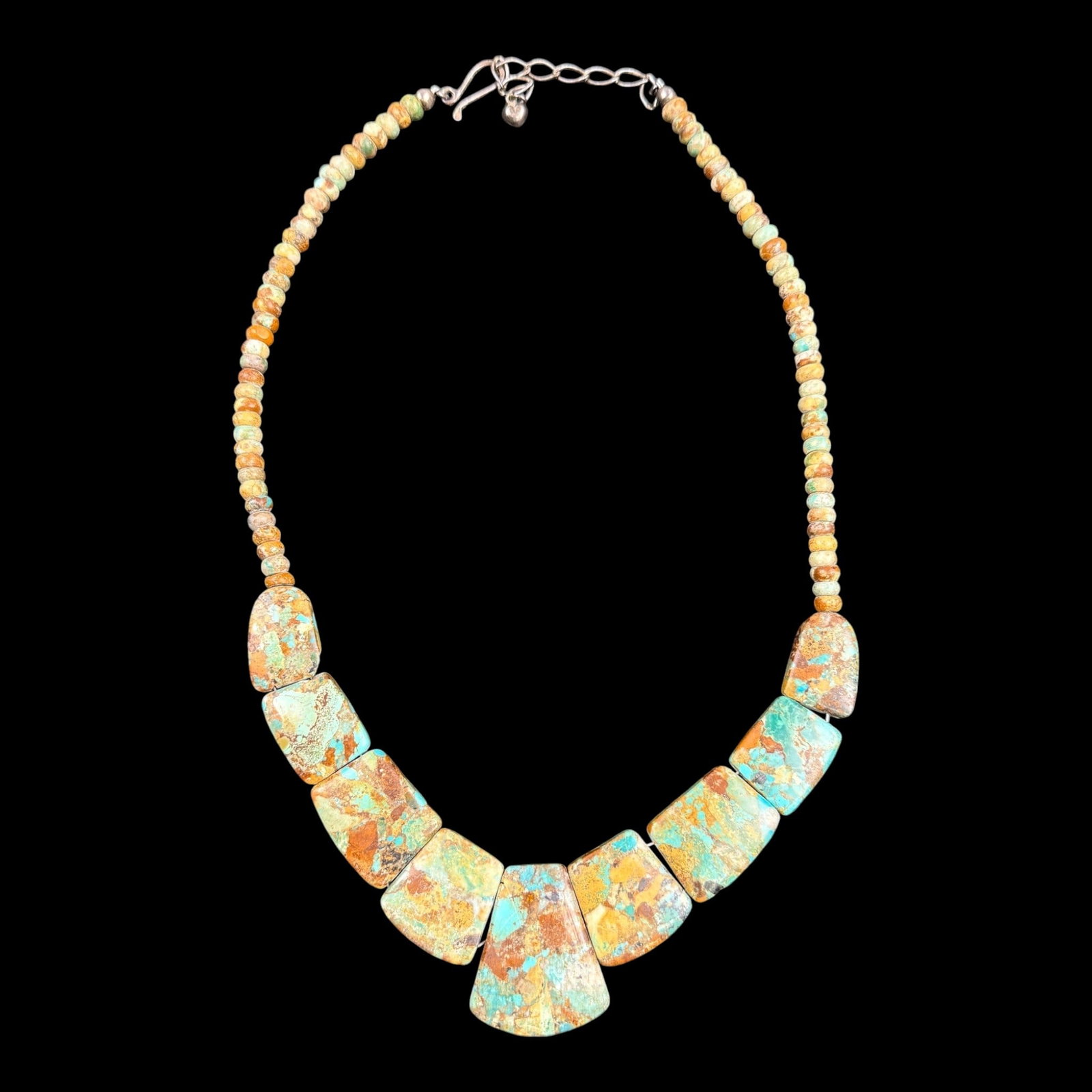 Sterling Silver Clasp Composite Turquoise Bib Necklace With Graduated Fan Panel Design: Professional, fast, and affordable in house shipping available for all items.For higher resolution images please visit bid.craftedauctions.com Sterling Silver Clasp Composite Turquoise Bib Necklace Wi