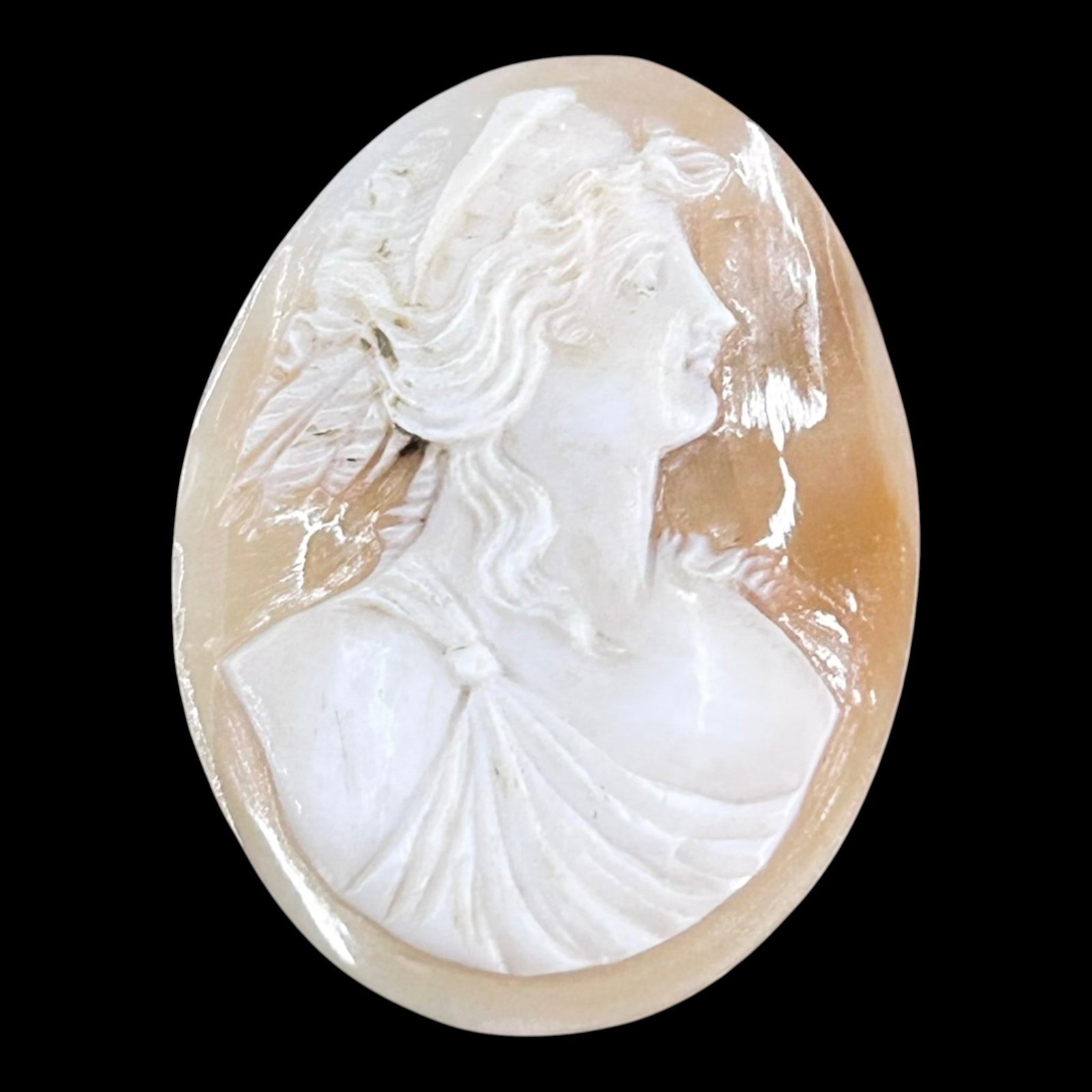 Hand Carved Shell Cameo Classical Lady Profile Oval Cabochon Loose Unframed Jewelry Stone: Professional, fast, and affordable in house shipping available for all items.For higher resolution images please visit bid.craftedauctions.com Finely hand carved oval shell cameo depicting a graceful 