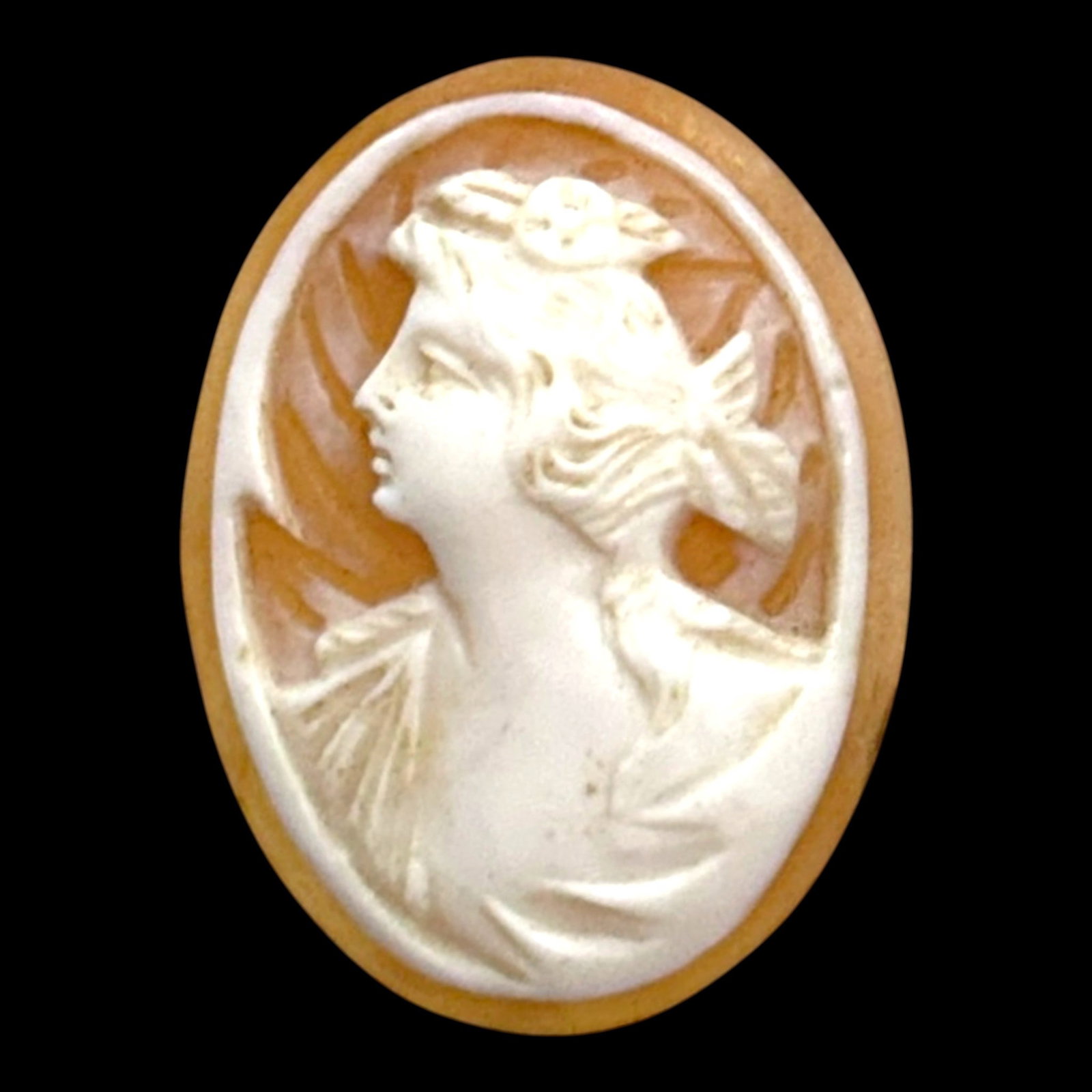 Hand Carved Shell Cameo Classical Lady Profile Oval Cabochon Loose Unframed Jewelry Stone: Professional, fast, and affordable in house shipping available for all items.For higher resolution images please visit bid.craftedauctions.com Finely hand carved oval shell cameo depicting a classical
