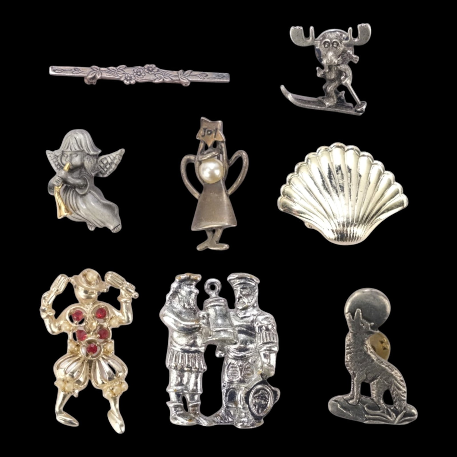Figural Brooch & Pin Collection Angel Shell Clown Skier Scallop Costume Jewelry Mixed Lot (1 of 4)