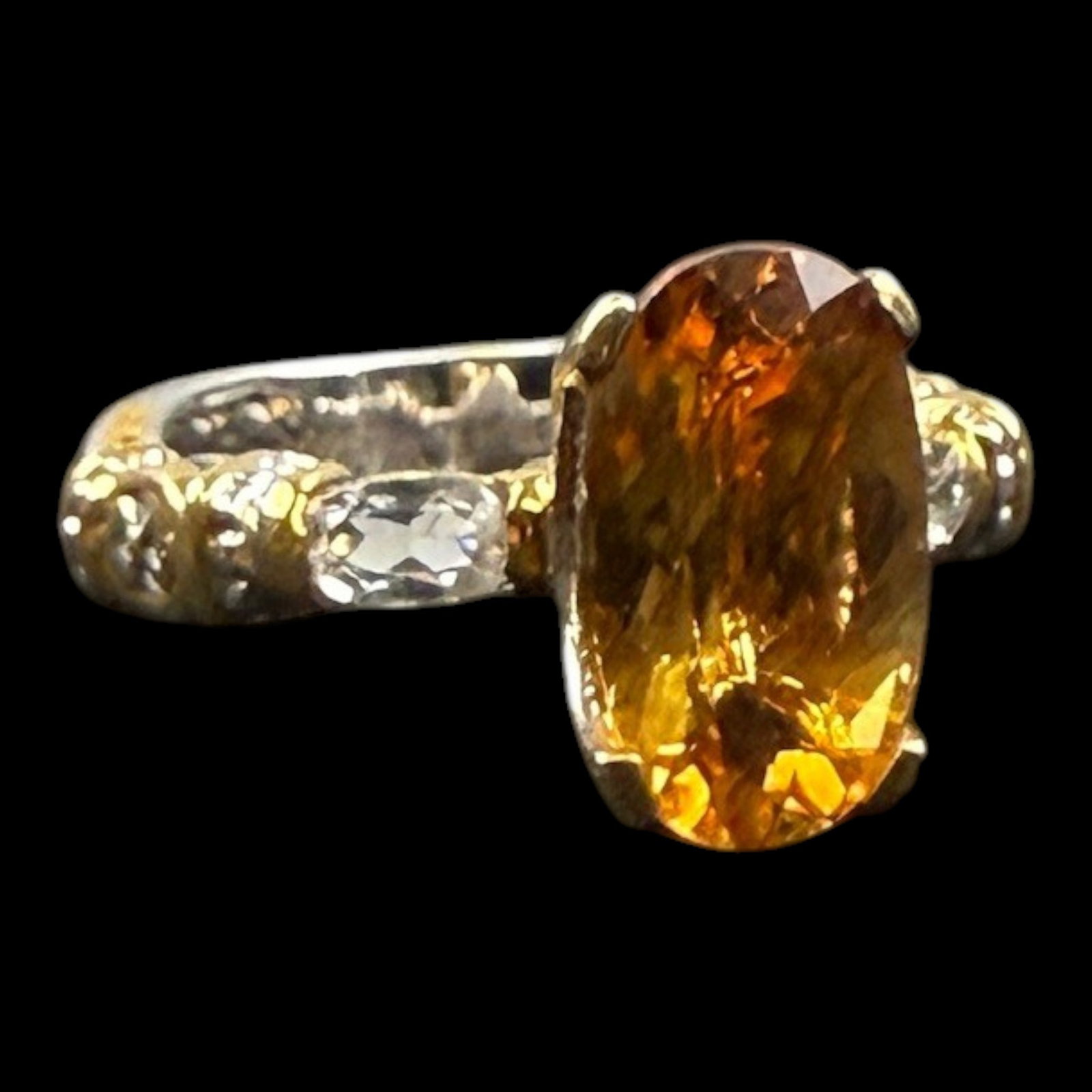Michael Valitutti Sterling Silver 925 Citrine & White Stone Accent Ring With Florentine Finish: Professional, fast, and affordable in house shipping available for all items.For higher resolution images please visit bid.craftedauctions.com Michael Valitutti Sterling Silver 925 Citrine & White Sto