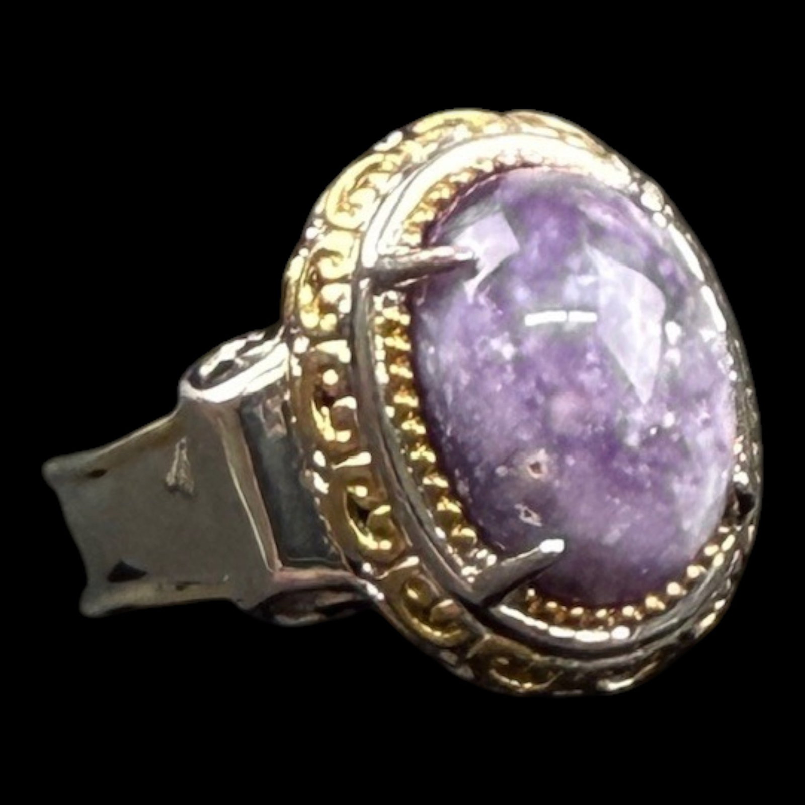 Michael Valitutti Sterling Silver Purple Lepidolite Cabochon Ring With Gold Vermeil Rope Bezel: Professional, fast, and affordable in house shipping available for all items.For higher resolution images please visit bid.craftedauctions.com Michael Valitutti Sterling Silver Purple Lepidolite Caboc