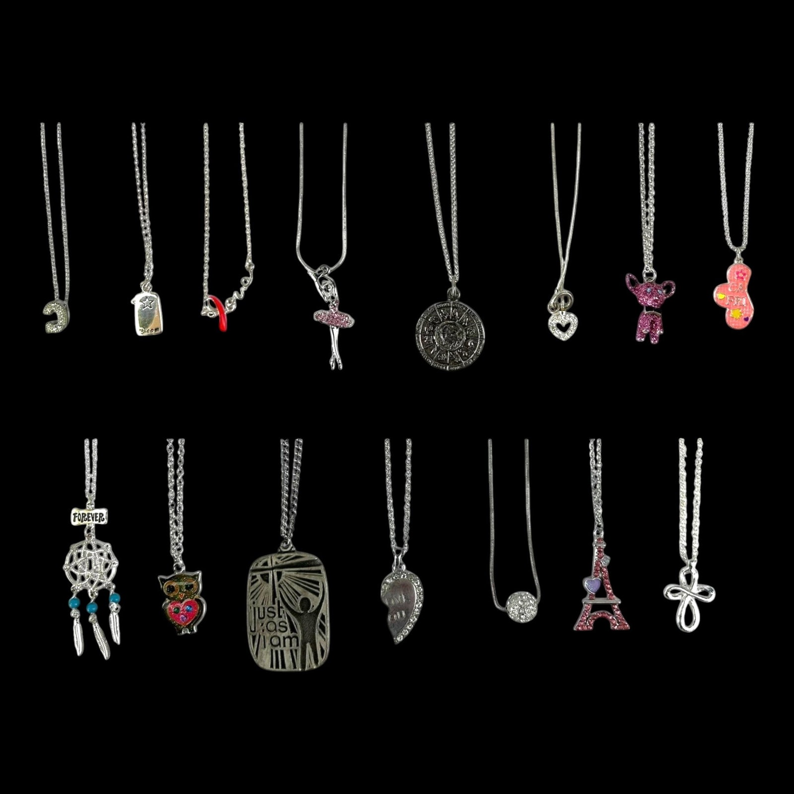 Costume Jewelry Pendant Necklace Lot With Figural Charm Rhinestone And Fashion Designs Mixed: Professional, fast, and affordable in house shipping available for all items.For higher resolution images please visit bid.craftedauctions.com Whimsically assorted, this mixed necklace lot features fi