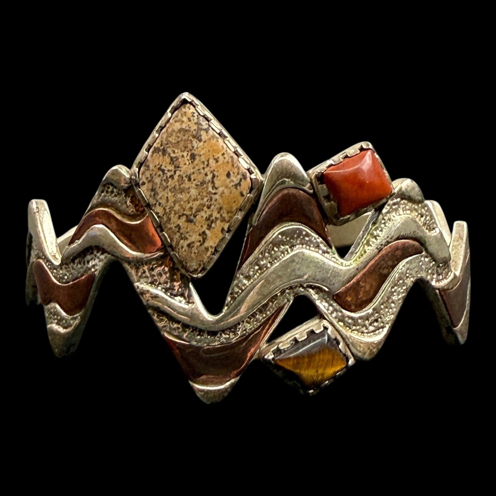 Sterling Silver & Copper Modernist Wave Cuff Bracelet With Jasper Coral & Tiger Eye Inlays (1 of 6)