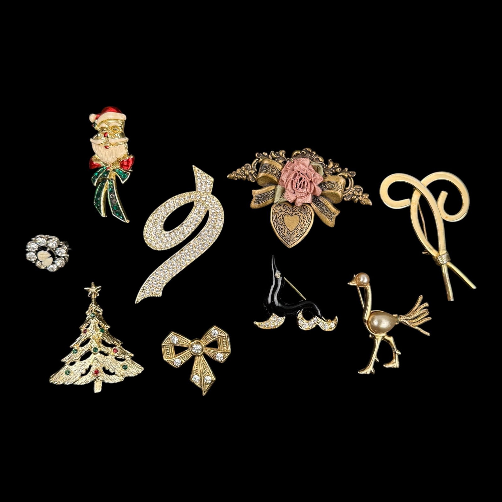 Fashion Costume Figural Holiday Floral Rhinestone Animal Brooch Collection Gold Tone Jewelry: Professional, fast, and affordable in house shipping available for all items.For higher resolution images please visit bid.craftedauctions.com Fashion Costume Figural Holiday Floral Rhinestone Animal 