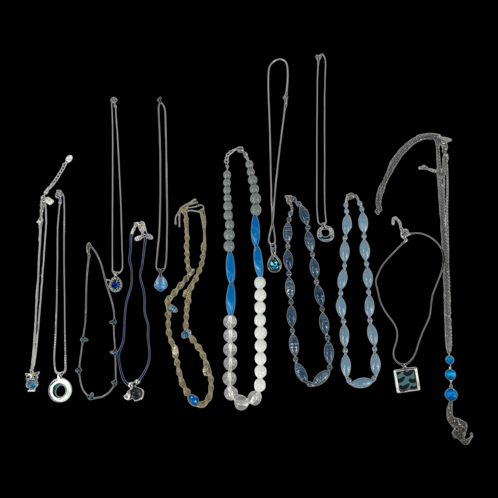 Costume Jewelry Mixed Necklace Lot With Beaded Pendant Chain And Blue Glass Necklace Designs: Professional, fast, and affordable in house shipping available for all items.For higher resolution images please visit bid.craftedauctions.com Attractively assorted, this mixed necklace lot features b