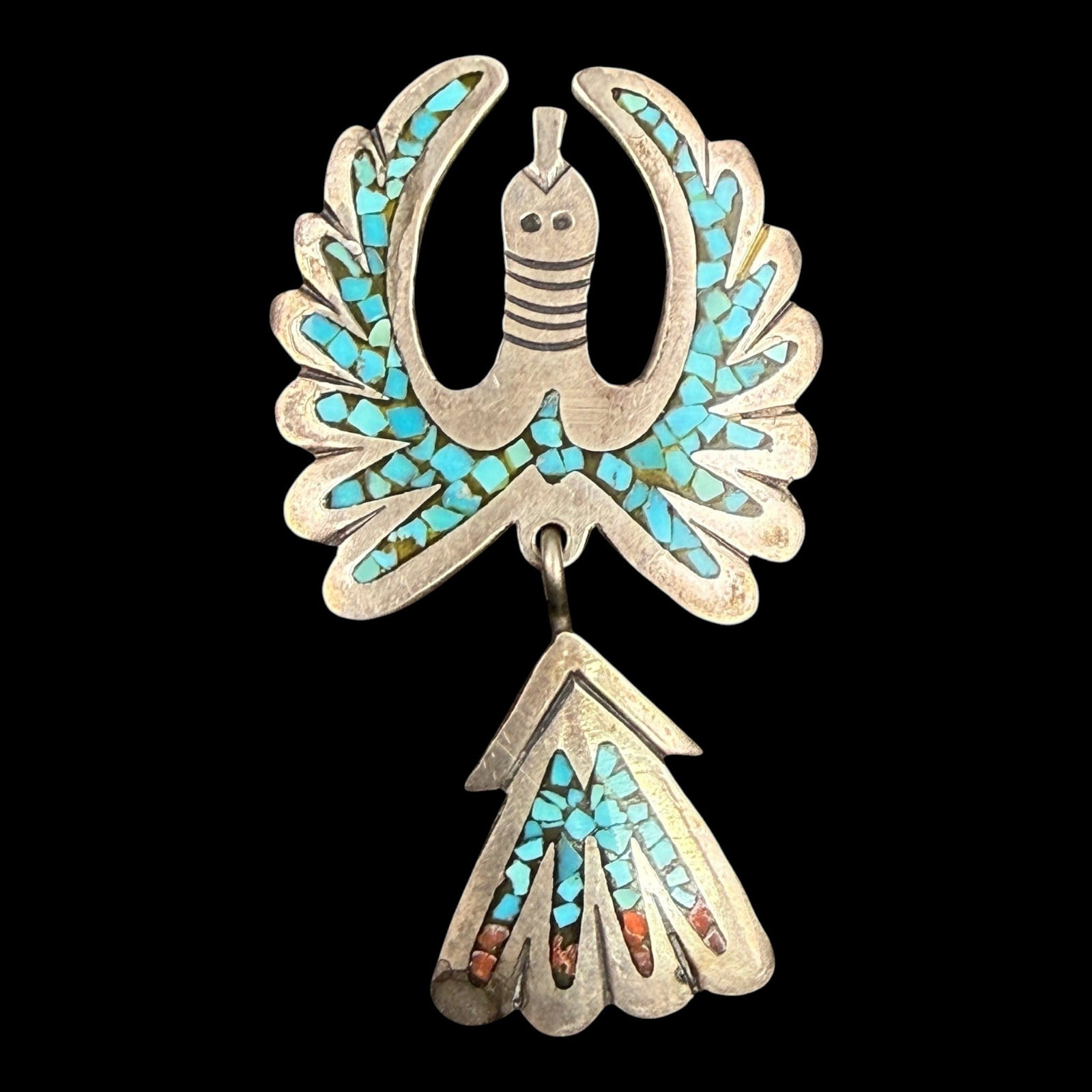 Sterling Silver Navajo Native American Turquoise Inlay Peyote Bird Brooch With Dangle Tail Feather: Professional, fast, and affordable in house shipping available for all items.For higher resolution images please visit bid.craftedauctions.com Finely handcrafted, this Native American sterling silver 