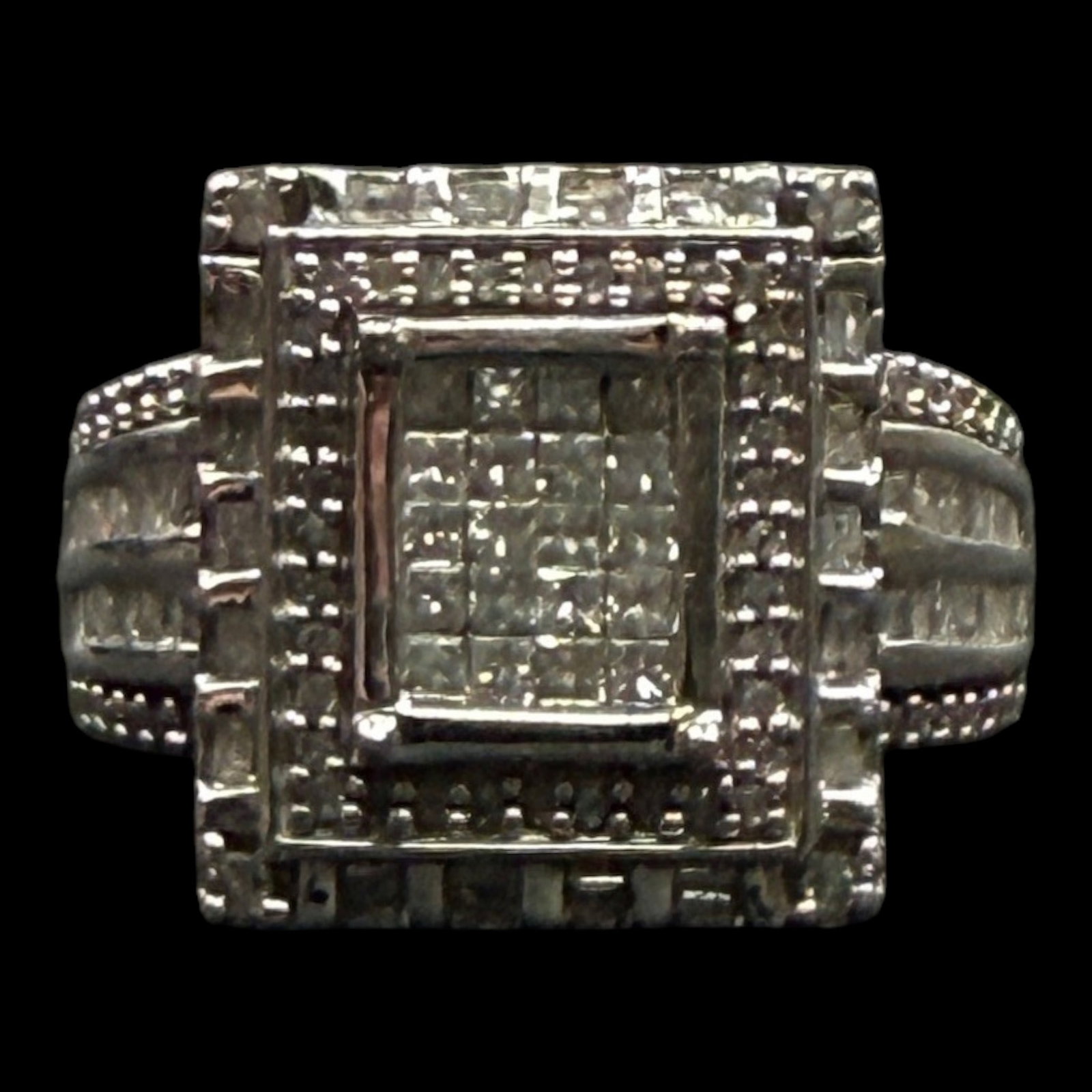 Sterling Silver 925 Clear CZ Square Cluster Ring With Baguette Shoulders Art Deco Design (1 of 5)