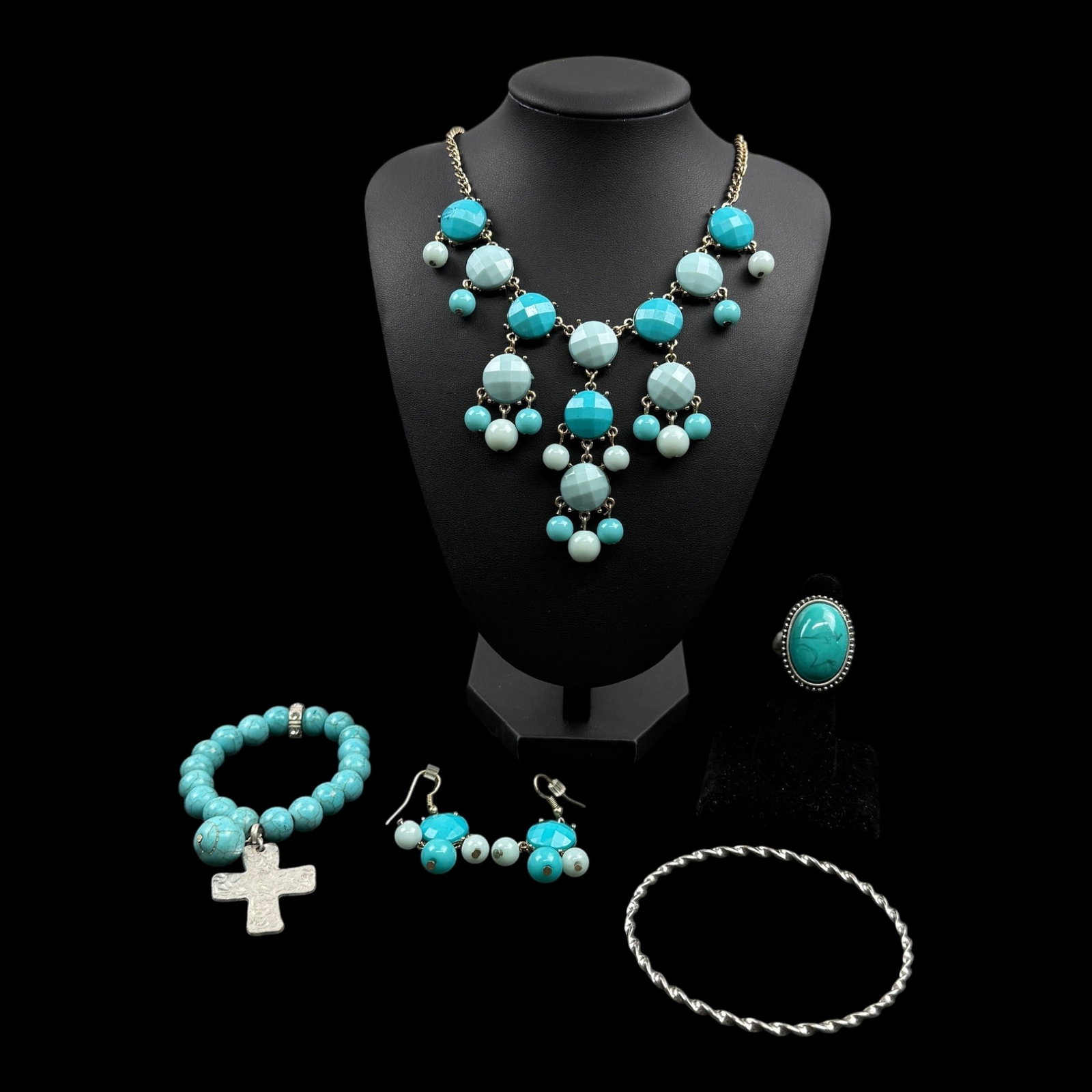 Fashion Costume Jewelry Collection Faux Turquoise Necklace Earrings Ring Bracelet & Cross Charm: Professional, fast, and affordable in house shipping available for all items.For higher resolution images please visit bid.craftedauctions.com Fashion Costume Jewelry Collection Faux Turquoise Necklac