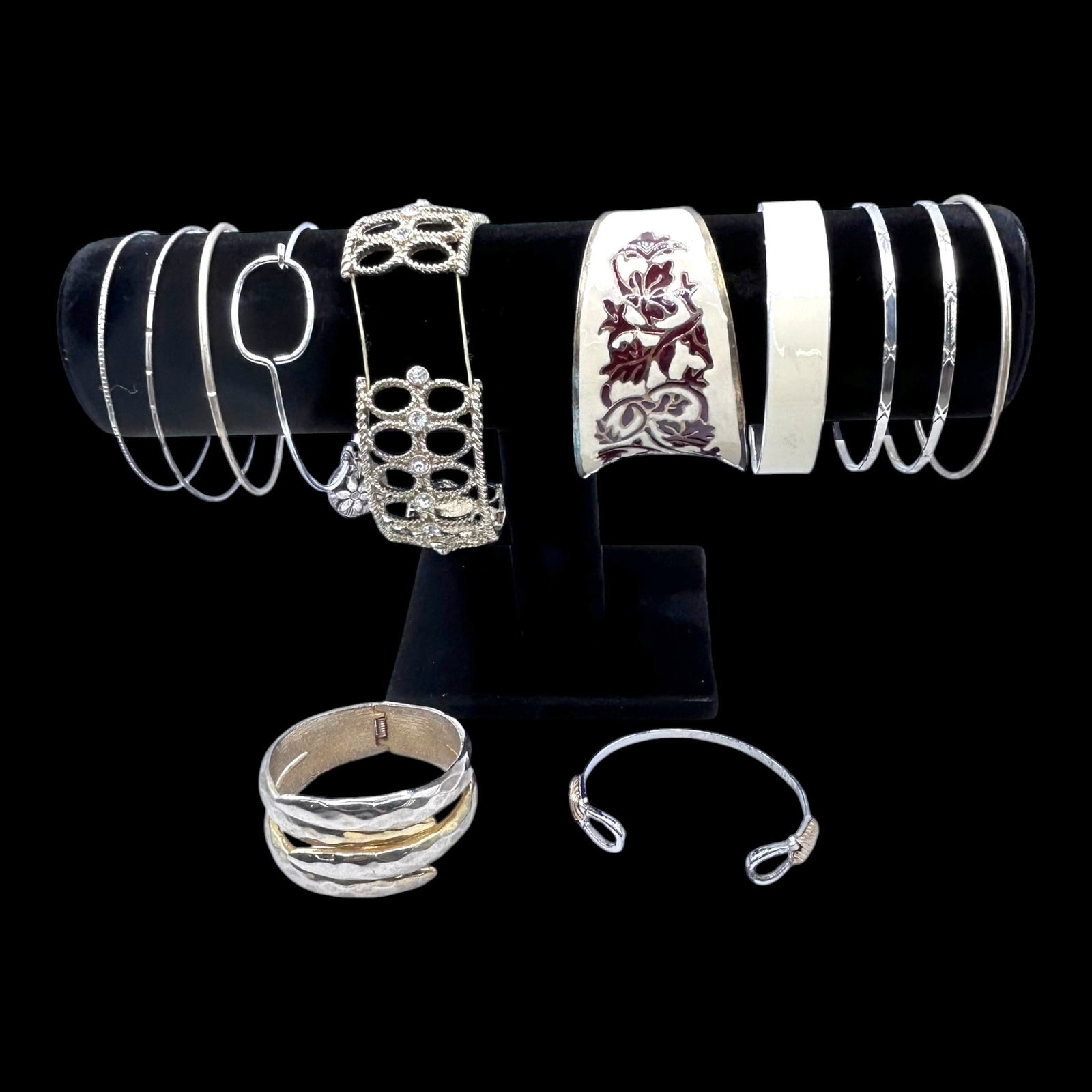 Fashion Bracelet Collection Silver Tone Bangles Cuffs Filigree White Enamel & Floral Designs (1 of 1)