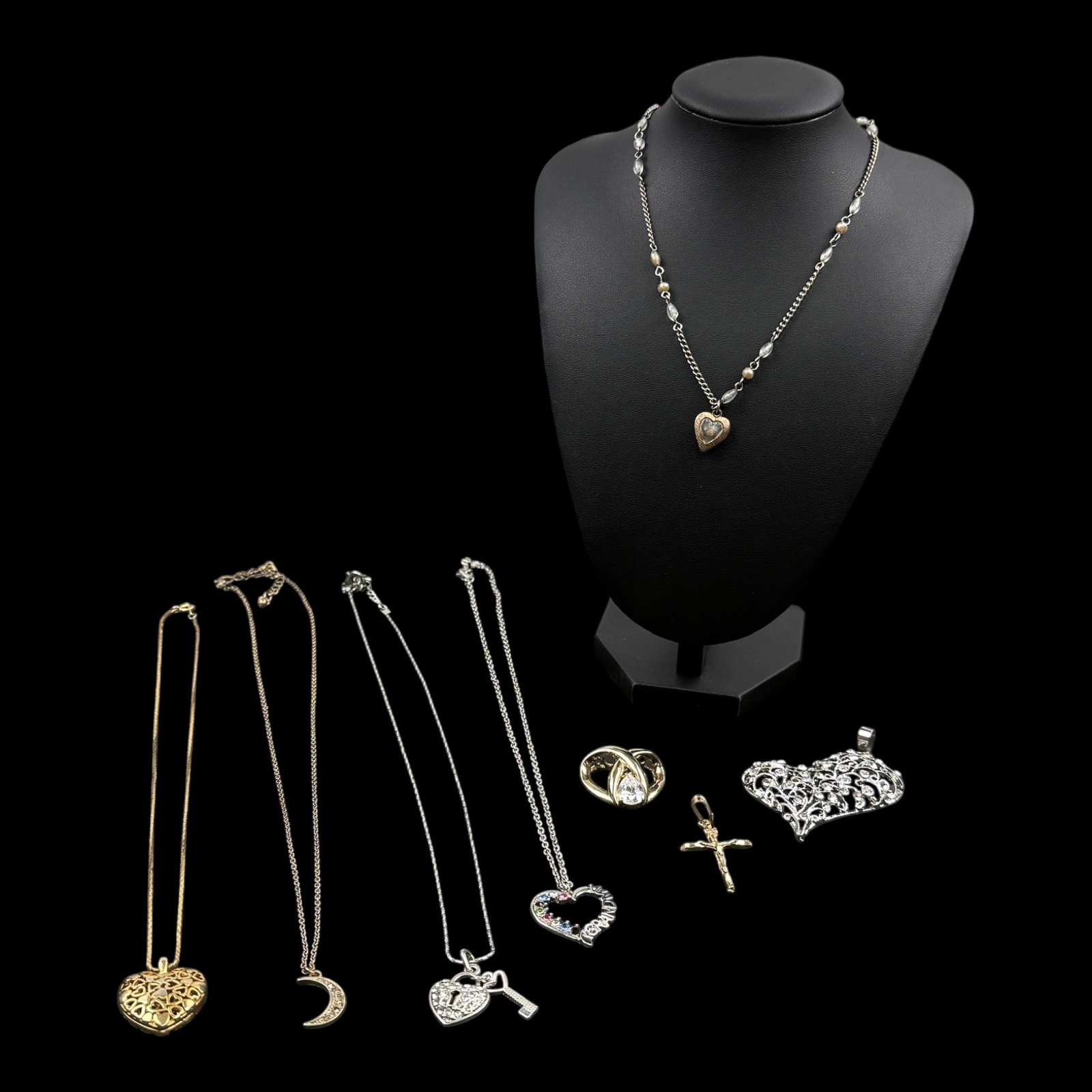 Fashion Necklace & Pendant Collection Heart Cross Crescent Moon Filigree Mixed Metal Jewelry: Professional, fast, and affordable in house shipping available for all items.For higher resolution images please visit bid.craftedauctions.com Fashion Necklace & Pendant Collection Heart Cross Crescen