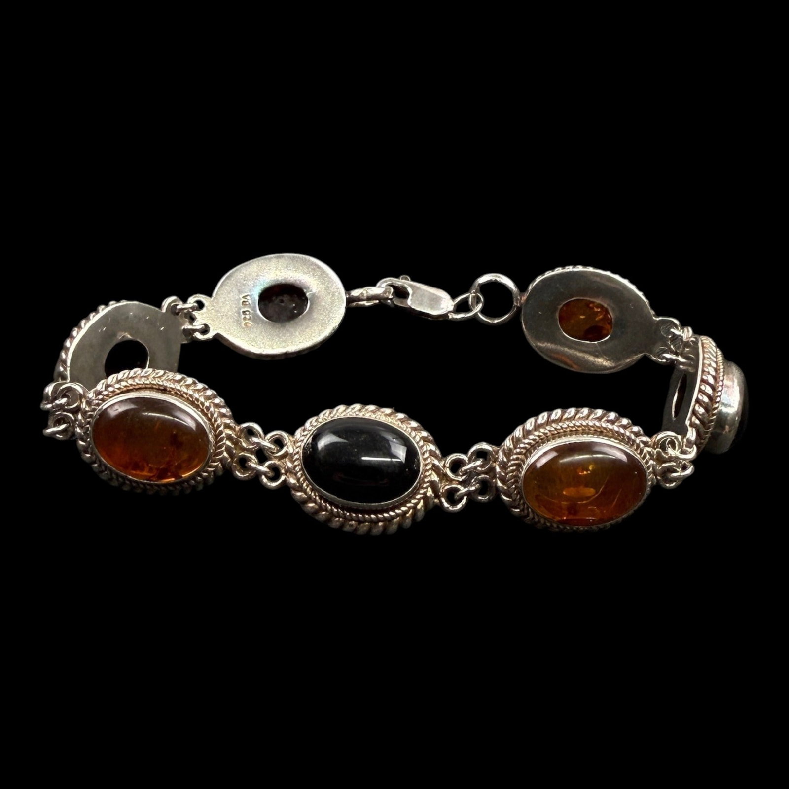 Desak Suarti Sterling Silver Amber & Black Onyx Link Bracelet With Rope Bezel Cabochons (1 of 5)