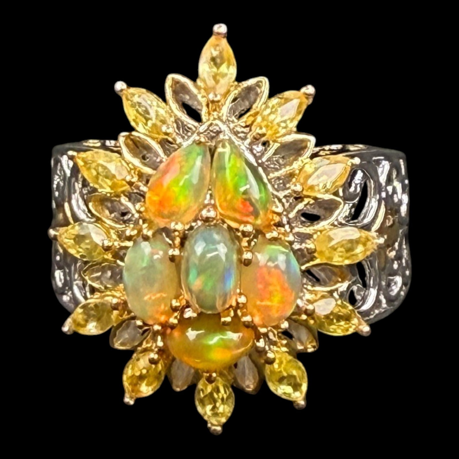 Michael Valitutti Sterling Silver Ethiopian Opal Citrine & Diamond Cluster Ring With Openwork Scroll (1 of 7)