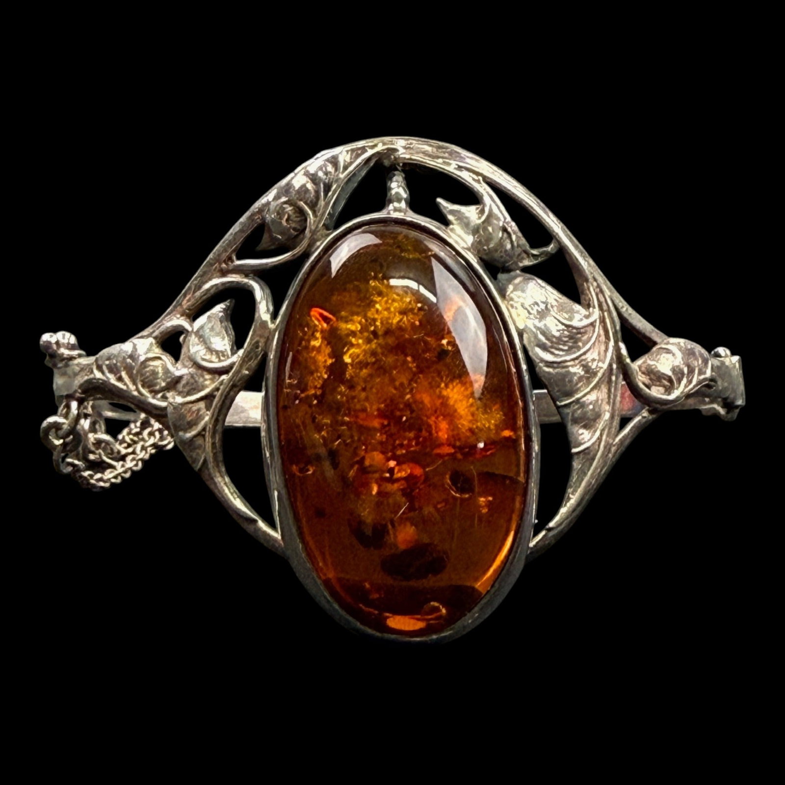 Sterling Silver Baltic Amber Art Nouveau Floral Openwork Hinged Cuff Bracelet With Safety Chain (1 of 6)