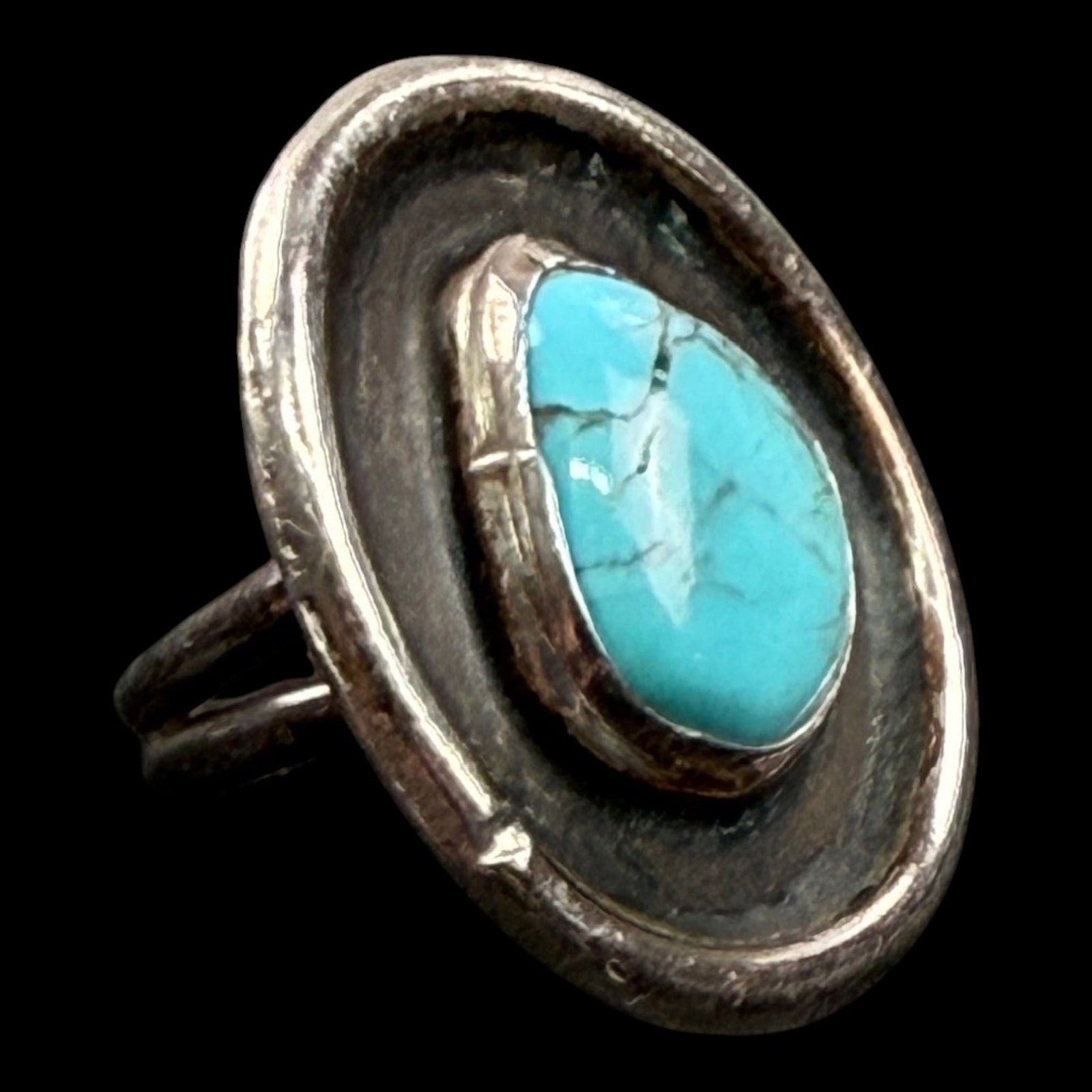 Sterling Silver Modernist Turquoise Ring With Hammered Oval Shield Setting Studio Artisan Design (1 of 4)