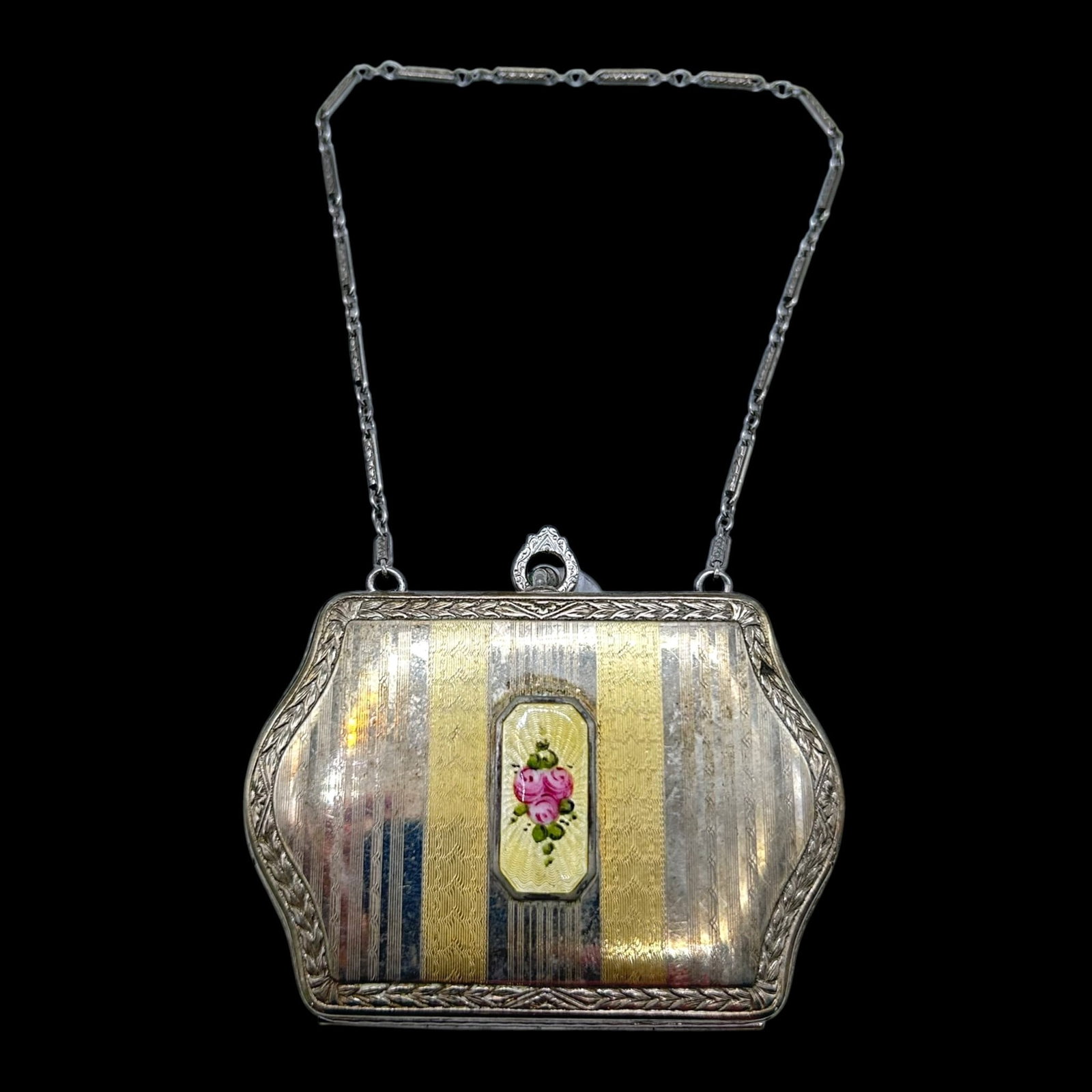 Early 20th Century Silver Tone Compact Purse Dance Compact With Enamel Floral Panel & Carry Chain (1 of 5)
