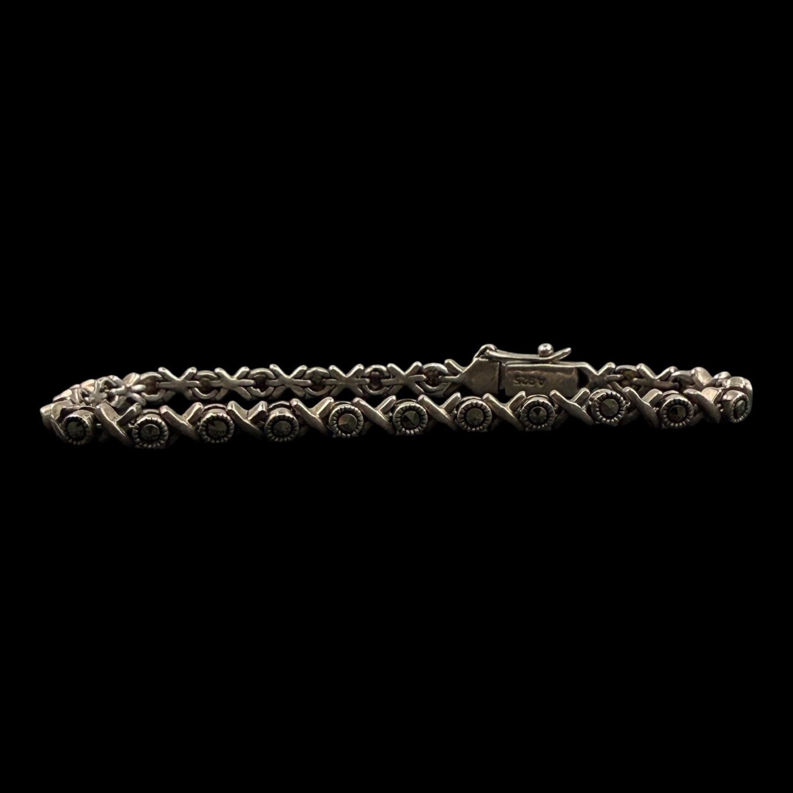 Sterling Silver Marcasite X Link Bracelet With Beaded Circle Motifs Vintage Art Deco Style: Professional, fast, and affordable in house shipping available for all items.For higher resolution images please visit bid.craftedauctions.com Elegantly detailed, this sterling silver bracelet feature