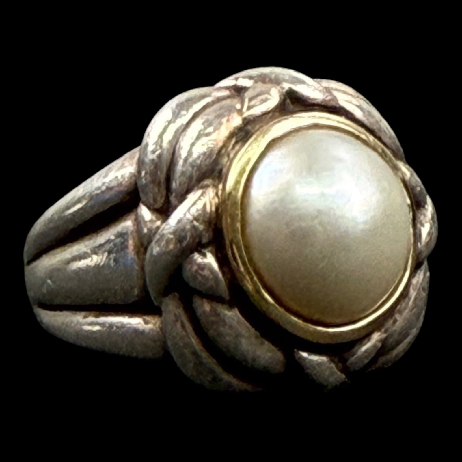 Sterling Silver & 14K Gold Pearl Ring With Braided Rope Motif Vintage Designer Style: Professional, fast, and affordable in house shipping available for all items.For higher resolution images please visit bid.craftedauctions.com Elegantly crafted, this sterling silver ring features a l