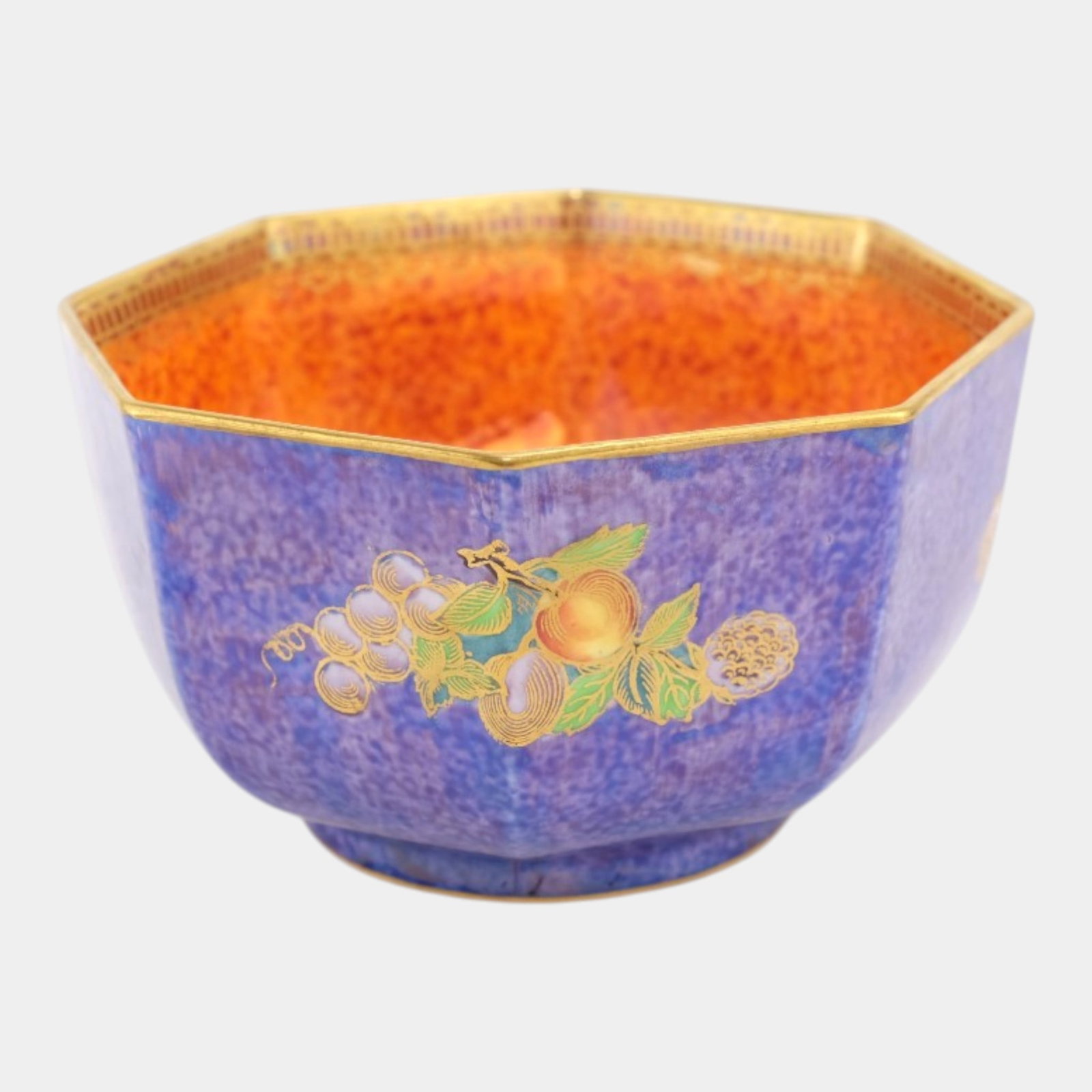Wedgwood 1930s English Art Deco Pottery Orange Blue Luster Octagonal Fruit Bowl: Professional, fast, and affordable in house shipping available for all items. For higher resolution images please visit bid.craftedauctions.com Wedgwood 1930s English Art Deco Pottery Orange Blue Lust