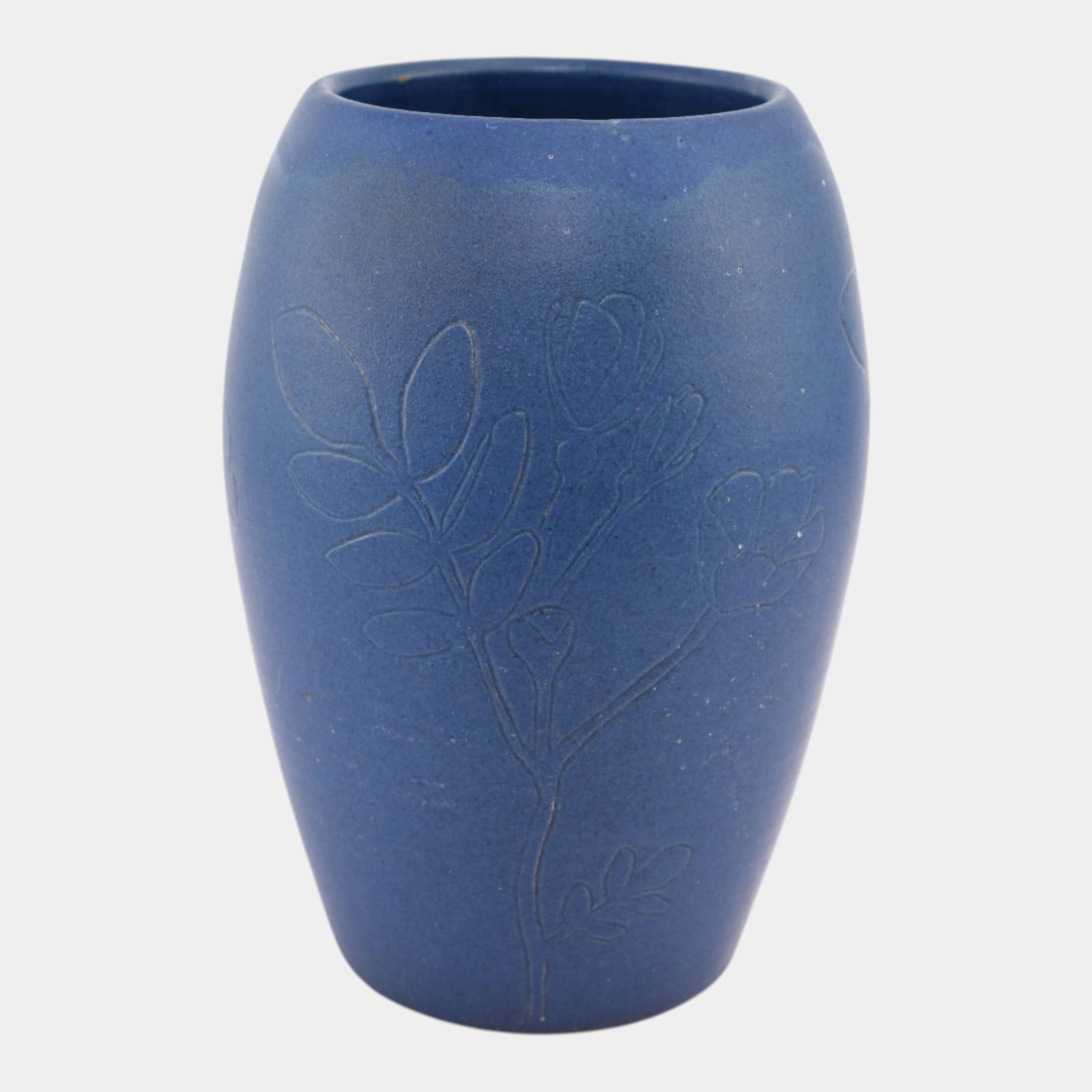 American Arts And Crafts Blue Hand Carved Floral Decoration Art Pottery Vase: Professional, fast, and affordable in house shipping available for all items. For higher resolution images please visit bid.craftedauctions.com American Arts And Crafts Blue Hand Carved Floral Decorat