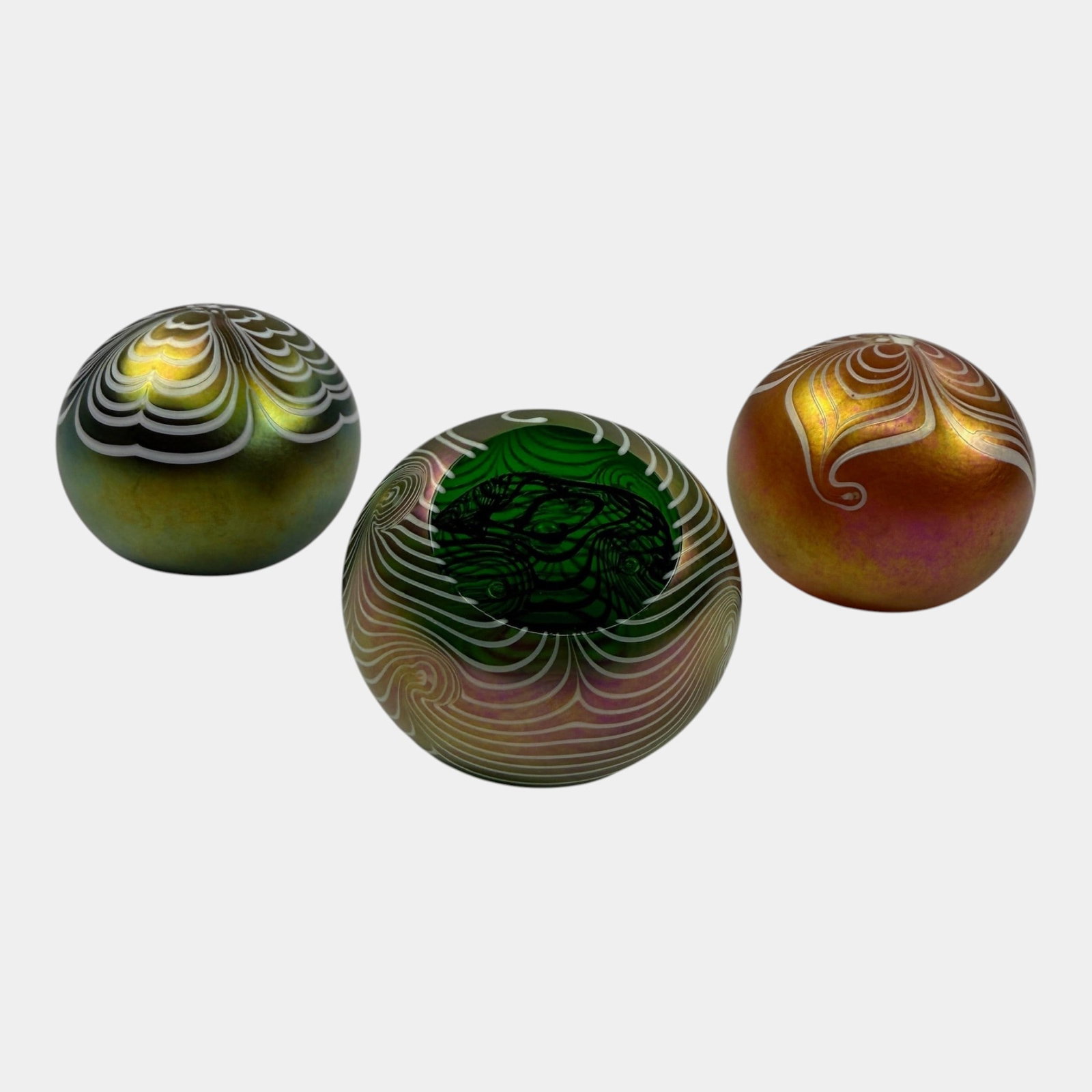 Terry Crider Ohio Studio Art Glass Blue Green Orange Cased Pulled Feather Paperweights (1 of 4)