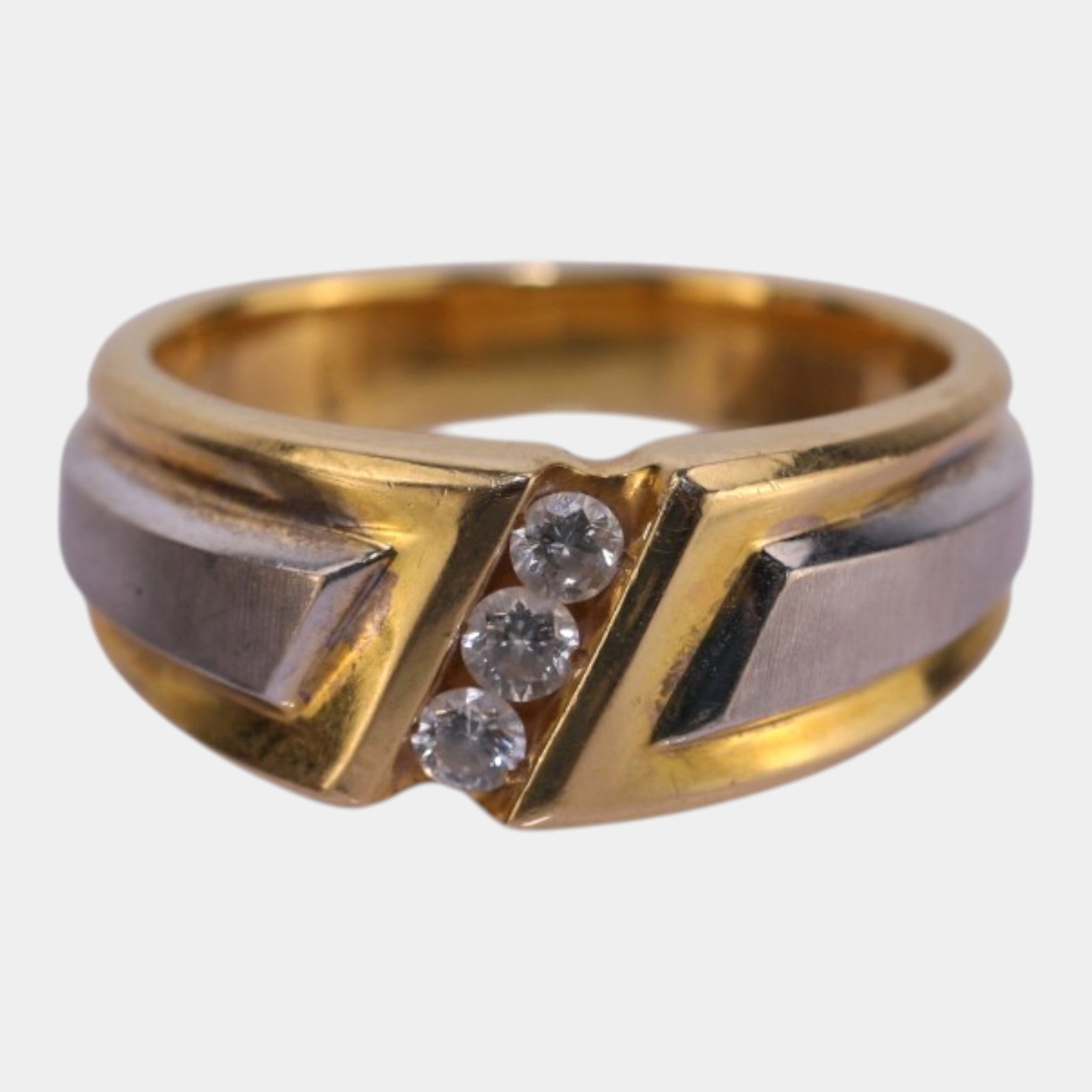 24K Yellow Gold & Diamond Mid Century Modernist Geometric Band Size 9 Ring 15 Grams: Professional, fast, and affordable in house shipping available for all items. For higher resolution images please visit bid.craftedauctions.com Boldly geometric and distinctly modernist, this 24K gold