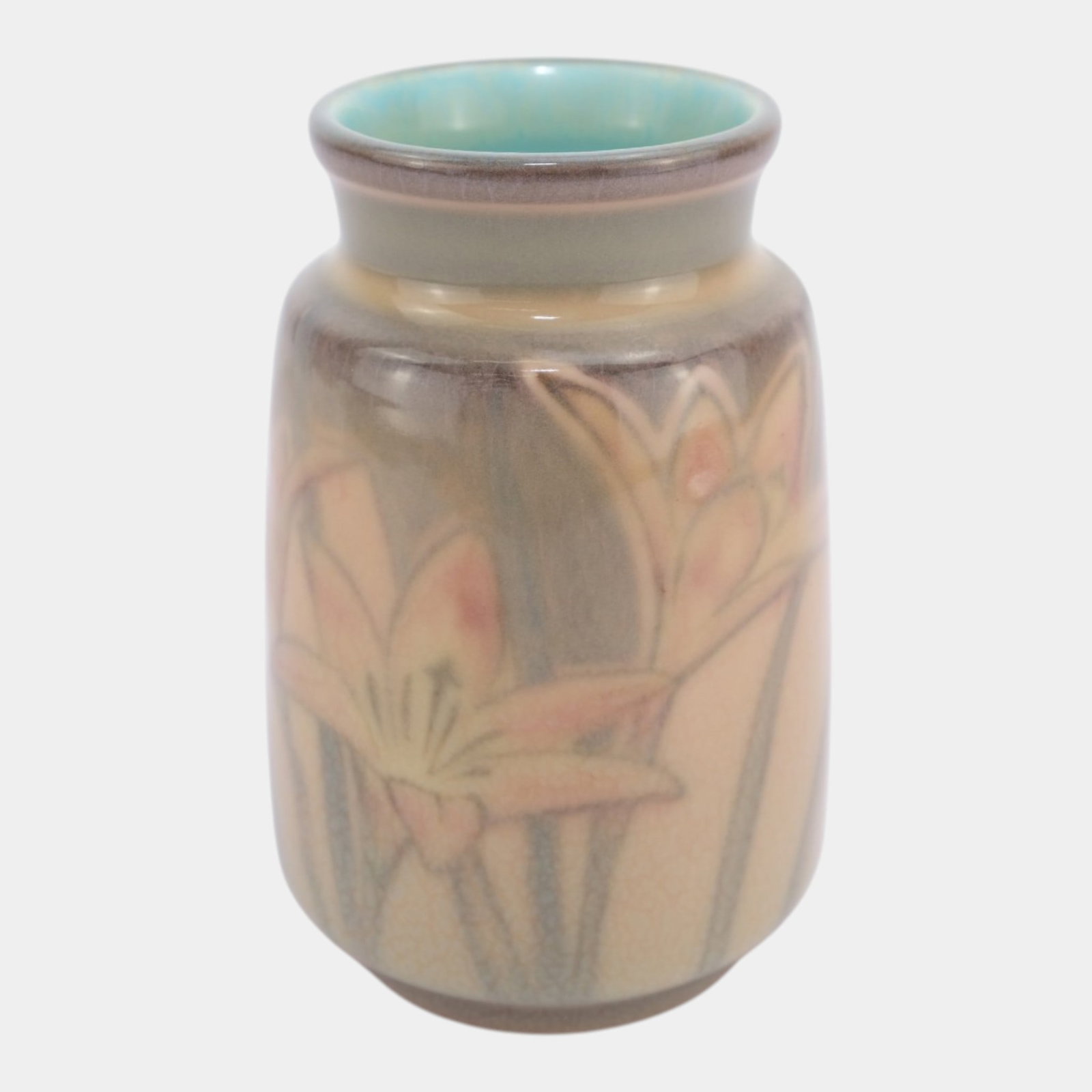 Kataro Shirayamadani For Rookwood 1934 Vintage Art Deco Pottery Pink Green Lily Decorated Cabinet: Professional, fast, and affordable in house shipping available for all items. For higher resolution images please visit bid.craftedauctions.com Kataro Shirayamadani For Rookwood 1934 Vintage Art Deco 