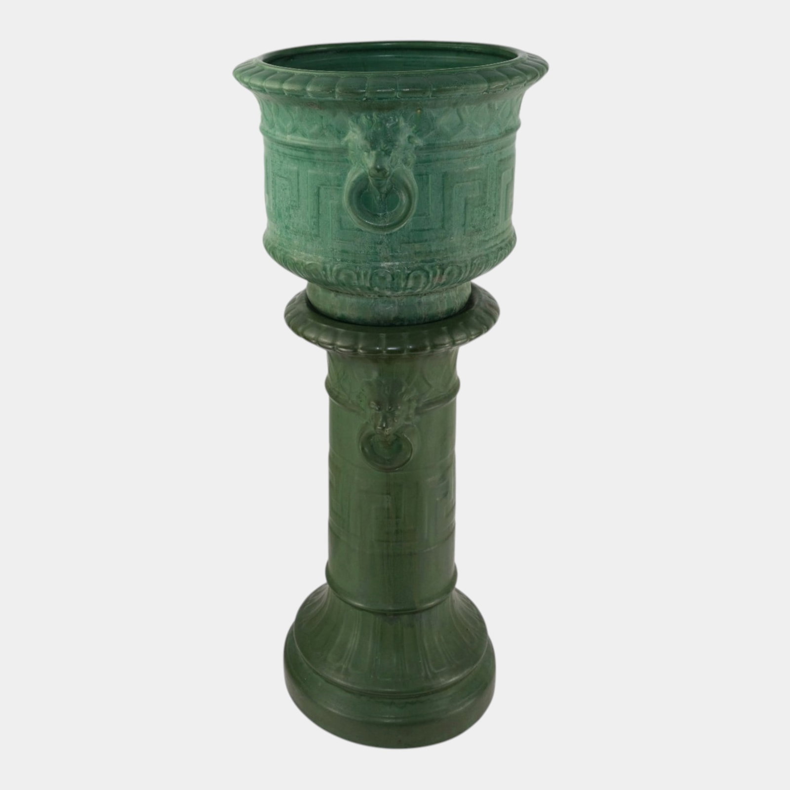 Brush McCoy Vintage Art And Crafts Pottery Matte Green Lion Head Ring Handle Jardiniere And Pedestal: Professional, fast, and affordable in house shipping available for all items. For higher resolution images please visit bid.craftedauctions.com Brush McCoy Vintage Art And Crafts Pottery Matte Green L