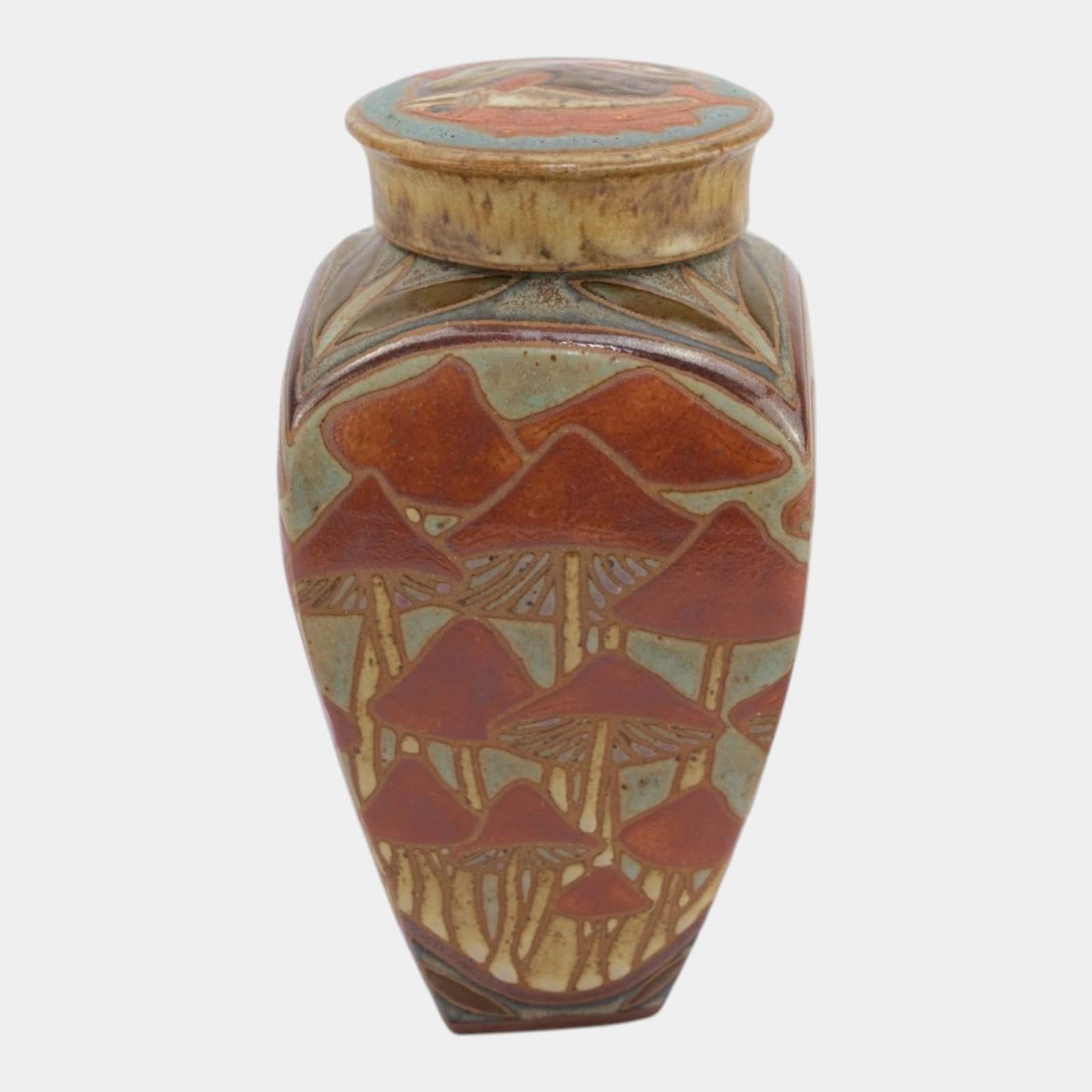 Common Ground Eric Olson Studio Art Pottery 2025 Cascading Mushroom & Koi Fish Lidded Vase: Professional, fast, and affordable in house shipping available for all items. For higher resolution images please visit bid.craftedauctions.com Common Ground Eric Olson Studio Art Pottery 2025 Cascadi