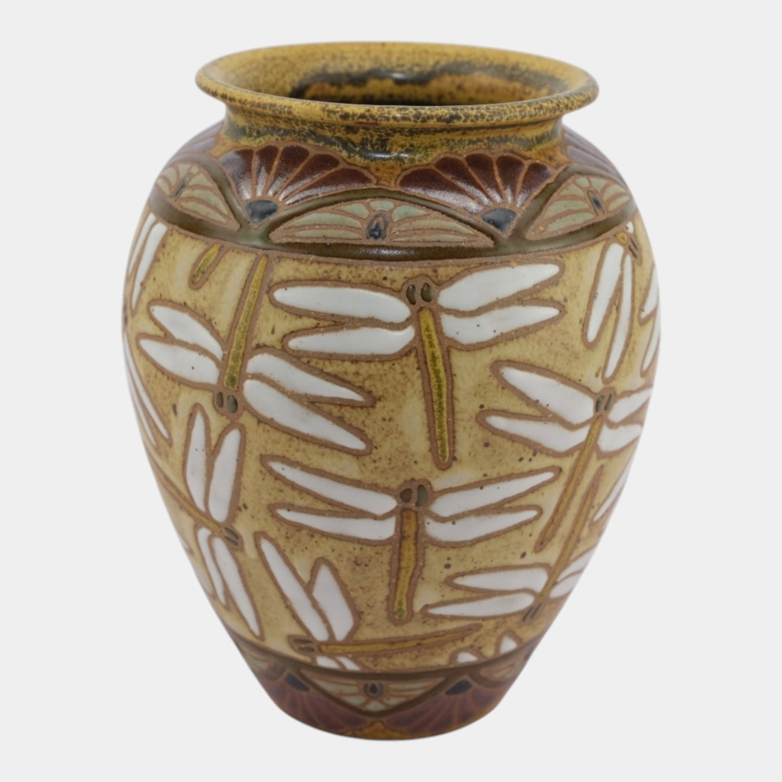 Common Ground Eric Olson Studio Art Pottery 2025 Dragonfly Decorated Cabinet Vase: Professional, fast, and affordable in house shipping available for all items. For higher resolution images please visit bid.craftedauctions.com Common Ground Eric Olson Studio Art Pottery 2025 Dragonf