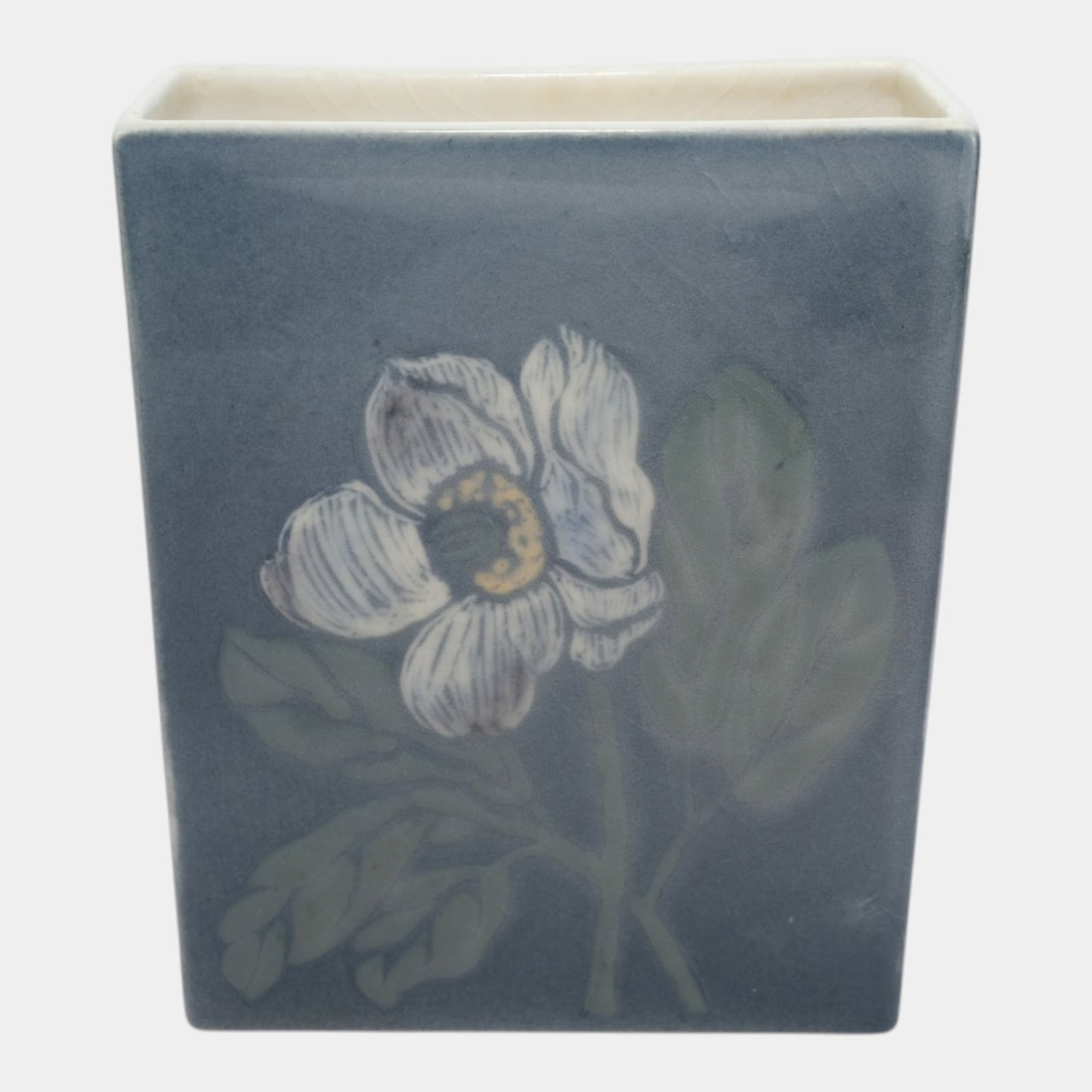 Rookwood 1956 Mid Century Modern Art Pottery Ceramic Blue Floral Rectangular Vase 6292C Elizabeth: Professional, fast, and affordable in house shipping available for all items. For higher resolution images please visit bid.craftedauctions.com Rookwood 1956 Mid Century Modern Art Pottery Ceramic Blu