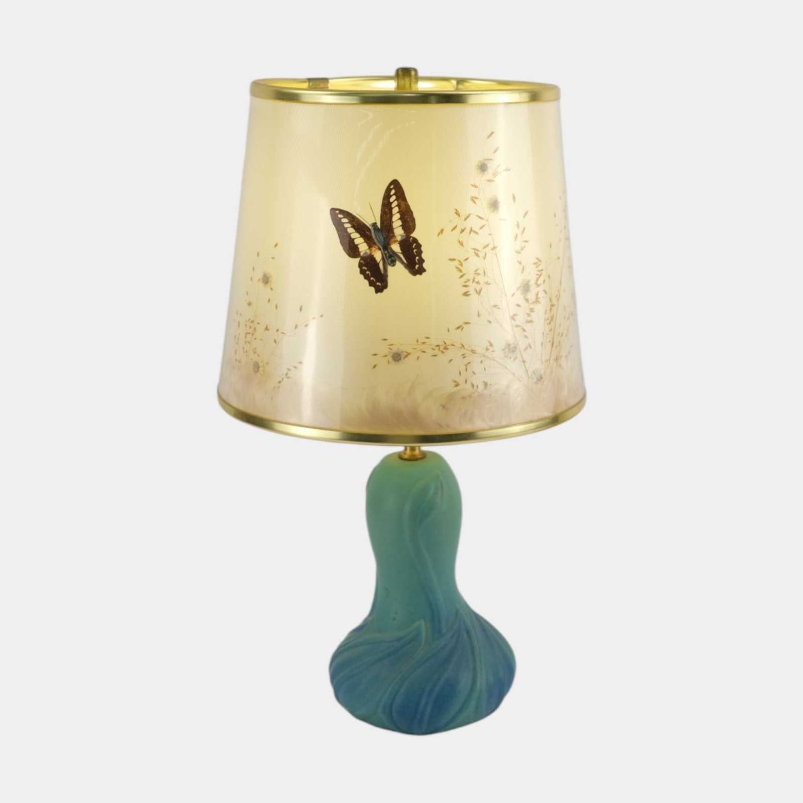 Van Briggle 1940s Mid Century Modern Matte Turquoise Art Pottery Table Lamp With Butterfly Shade (1 of 7)
