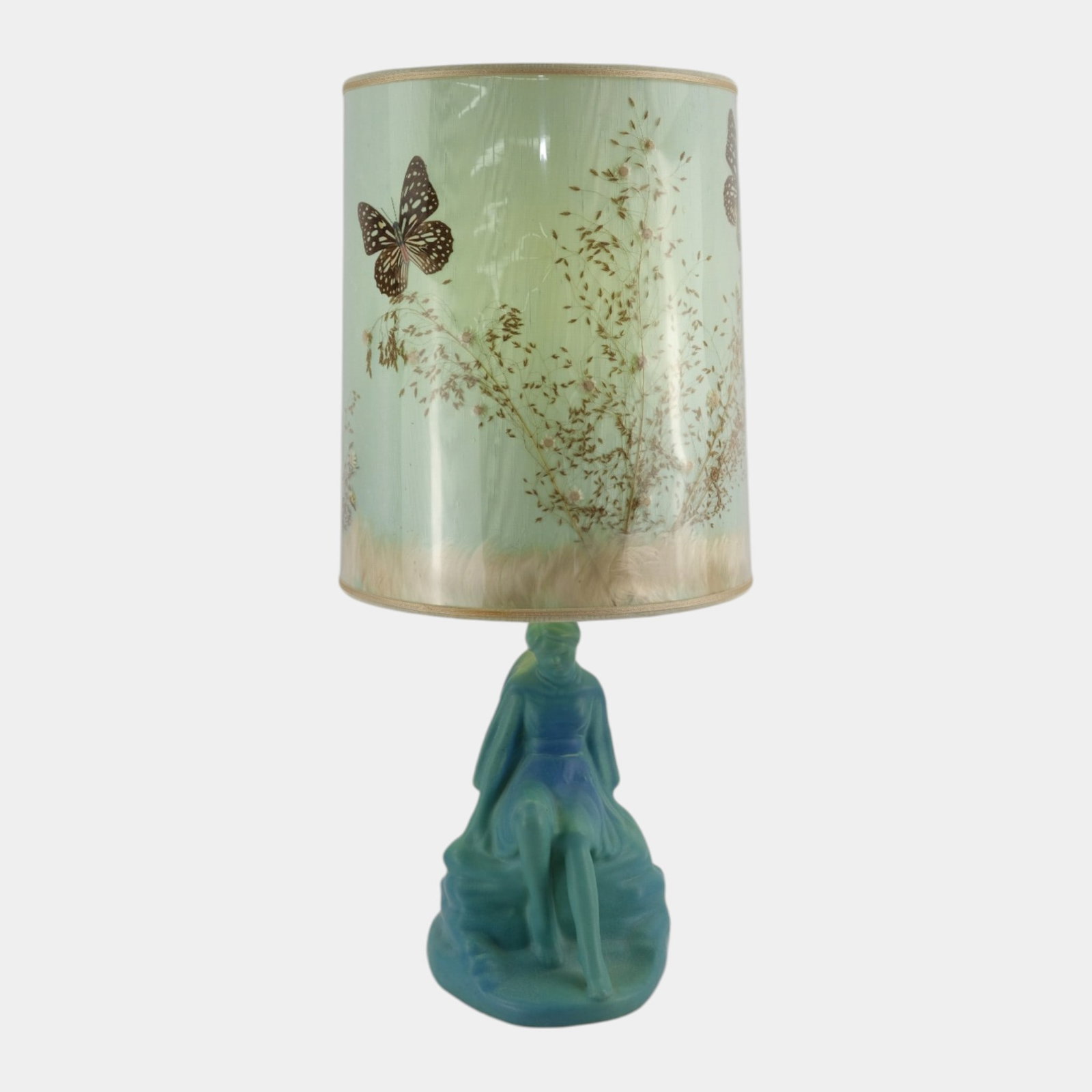 Van Briggle Art Deco Matte Turquoise Figural Sitting Lady Art Pottery Table Lamp With Shade (1 of 7)