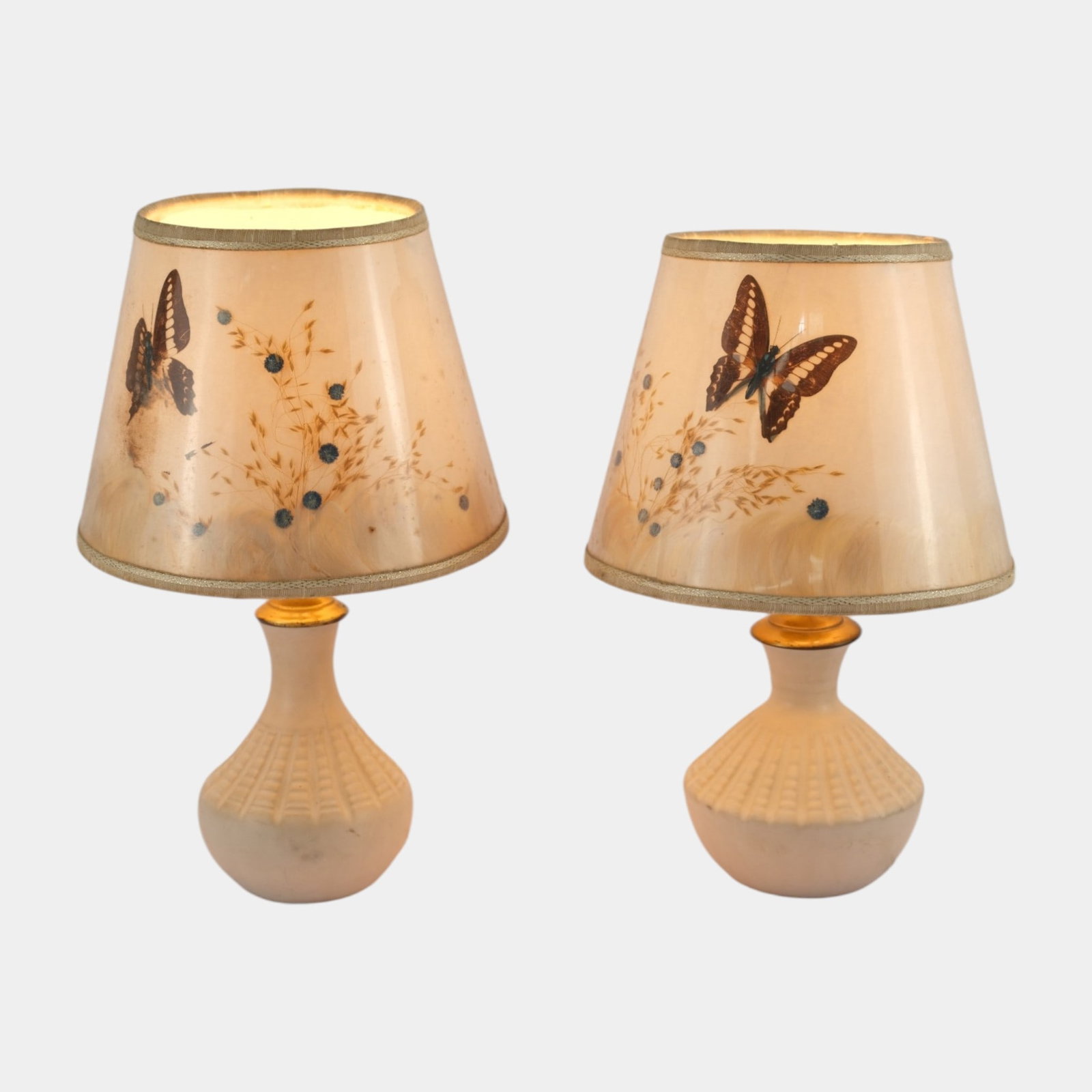 Van Briggle Art Deco Matte White Ribbed Art Pottery Boudoir Table Lamps With Butterfly Shades: Professional, fast, and affordable in house shipping available for all items. For higher resolution images please visit bid.craftedauctions.com Van Briggle Art Deco Matte White Ribbed Art Pottery Boud