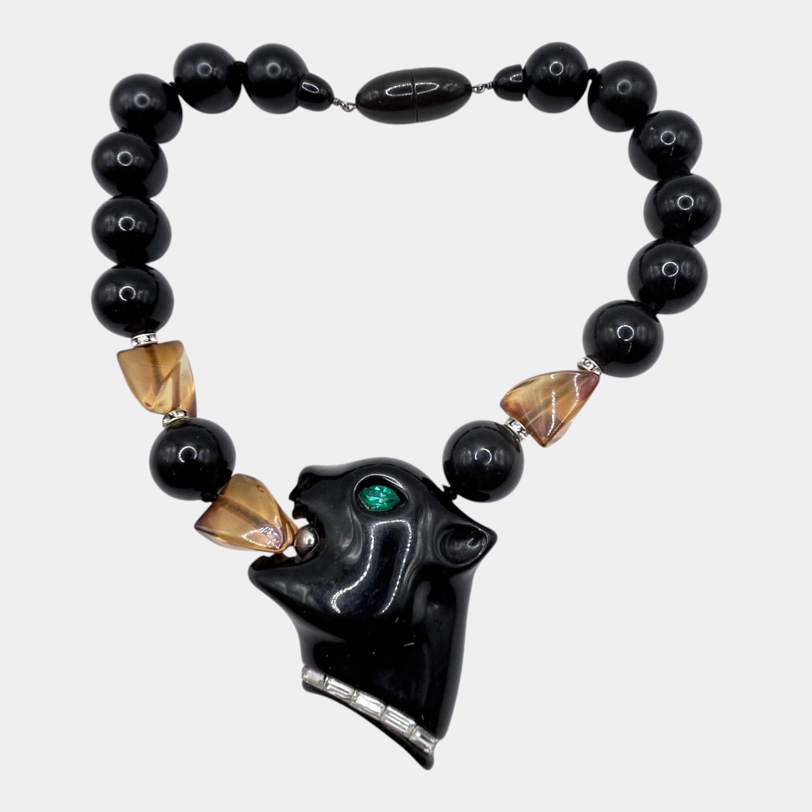 Angela Caputi Italian Black & Gold Beaded Cat Head Necklace With Green Cabochon Eye And Rhinestone: Professional, fast, and affordable in house shipping available for all items. For higher resolution images please visit bid.craftedauctions.com Boldly whimsical, this Angela Caputi Italian necklace fe