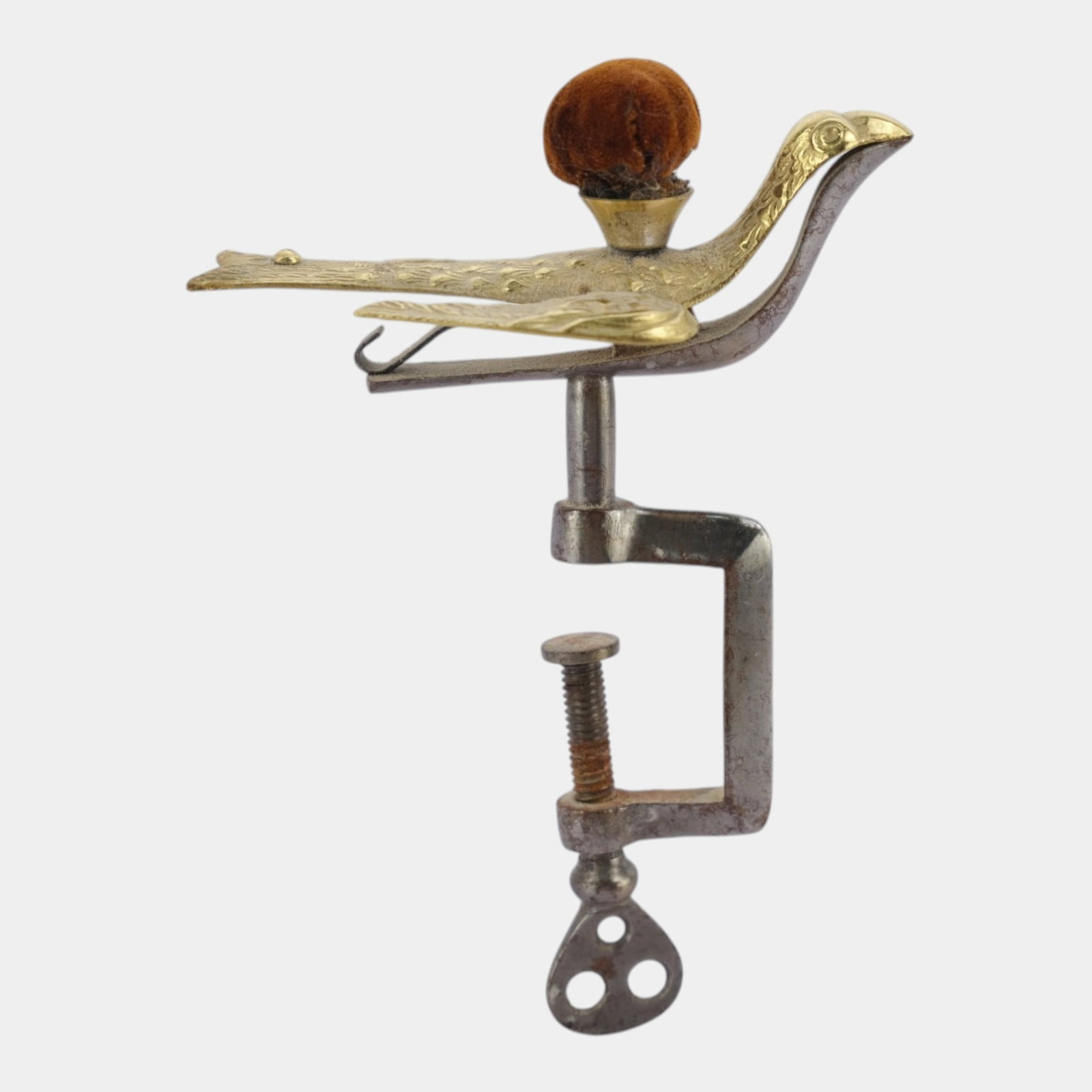 Victorian 19th Century Brass & Metal Sewing Bird Clamp On Pin Cushion Tool: Professional, fast, and affordable in house shipping available for all items. For higher resolution images please visit bid.craftedauctions.com Victorian 19th Century Brass & Metal Sewing Bird Clamp O