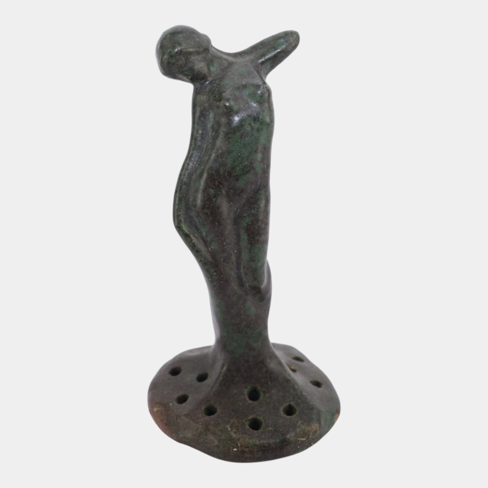 Trenton Art School Instructor 1918 Brown Green Mottled Glaze Art Deco Nude Flower Frog: Professional, fast, and affordable in house shipping available for all items. For higher resolution images please visit bid.craftedauctions.com Trenton Art School Instructor 1918 Brown Green Mottled G