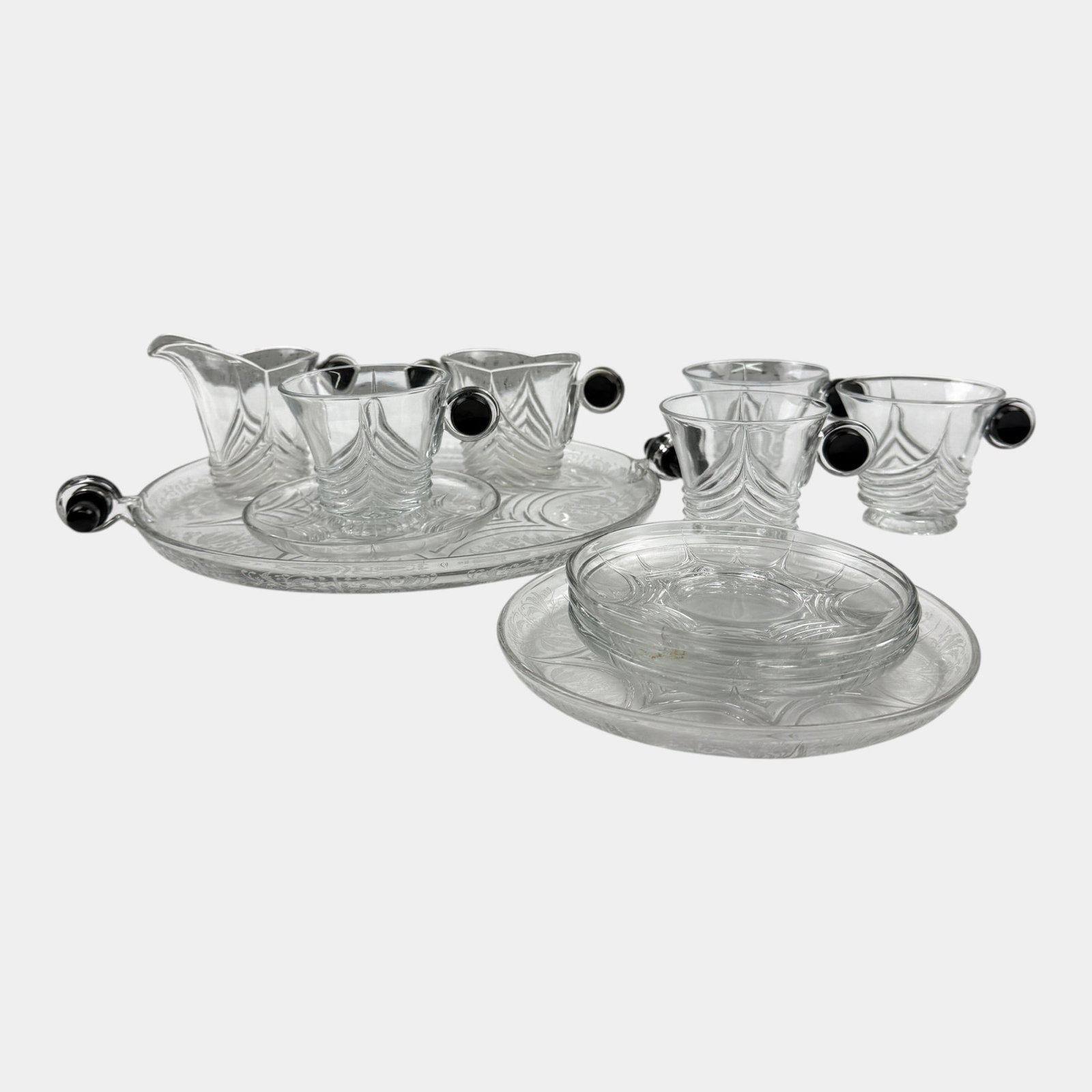 Walter Von Nessen For Heisey 1930s "Stanhope" Art Deco Clear Glass Cup & Saucers, Creamer, Sugar,: Professional, fast, and affordable in house shipping available for all items. For higher resolution images please visit bid.craftedauctions.com Walter Von Nessen For Heisey 1930s "Stanhope" Art Deco C