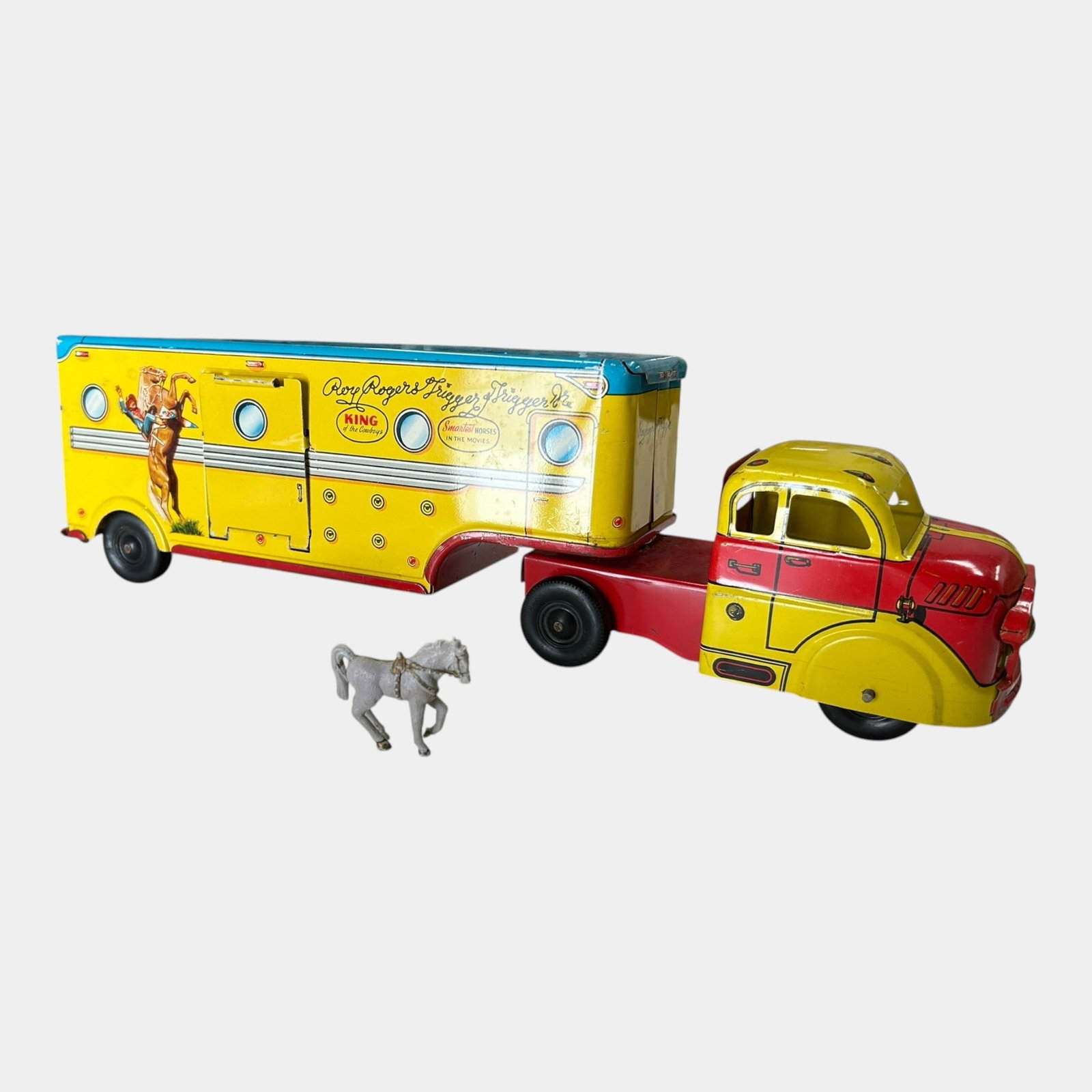 Louis Marx & Co. 1950s Tin Lithographed Roy Rogers Trigger Horse Trailer Truck Set Toy Car (1 of 5)