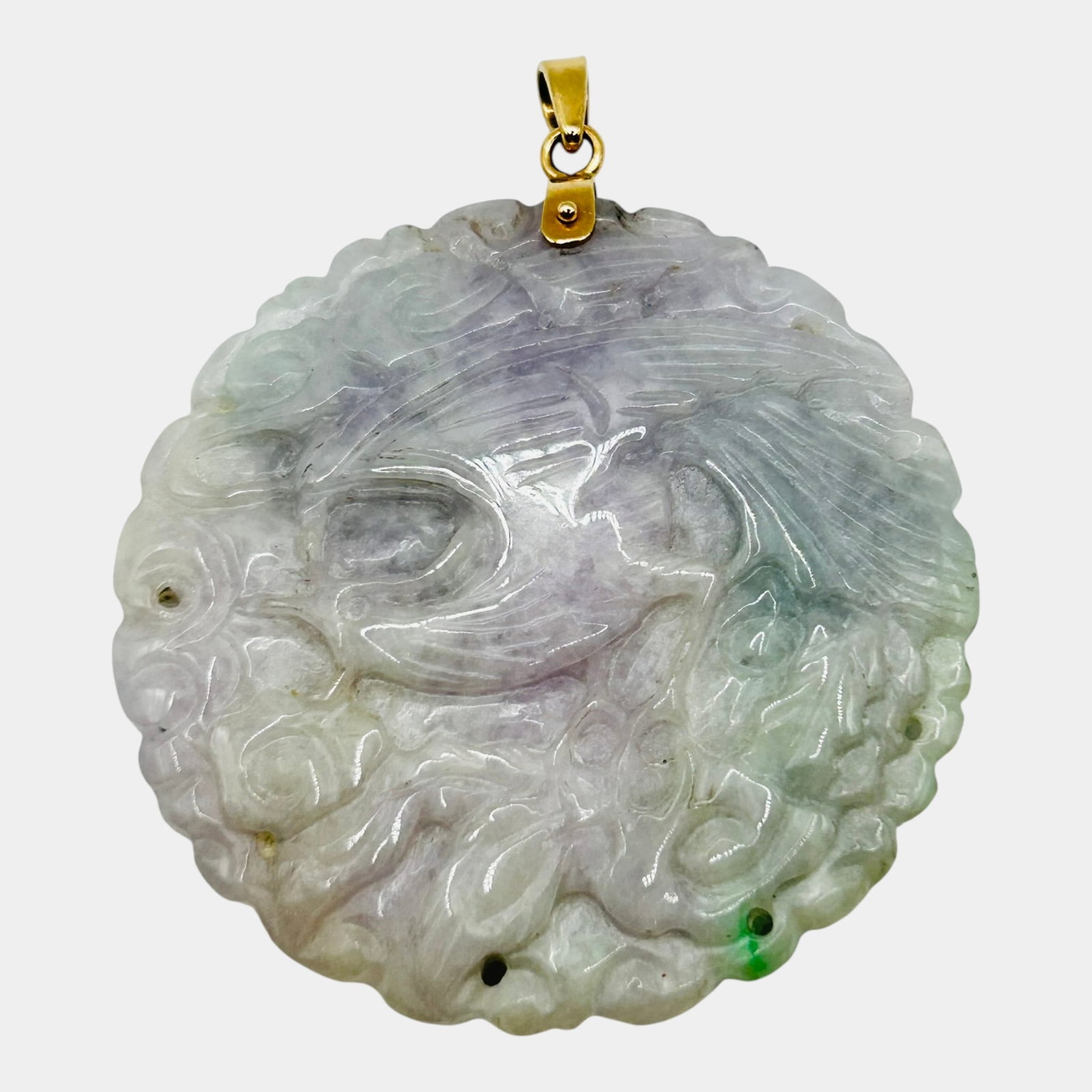 Carved Lavender Green Jade Phoenix And Dragon Bi Disc Pendant With Gold Tone Bale: Professional, fast, and affordable in house shipping available for all items. For higher resolution images please visit bid.craftedauctions.com Intricately carved, this jade bi disc pendant features l