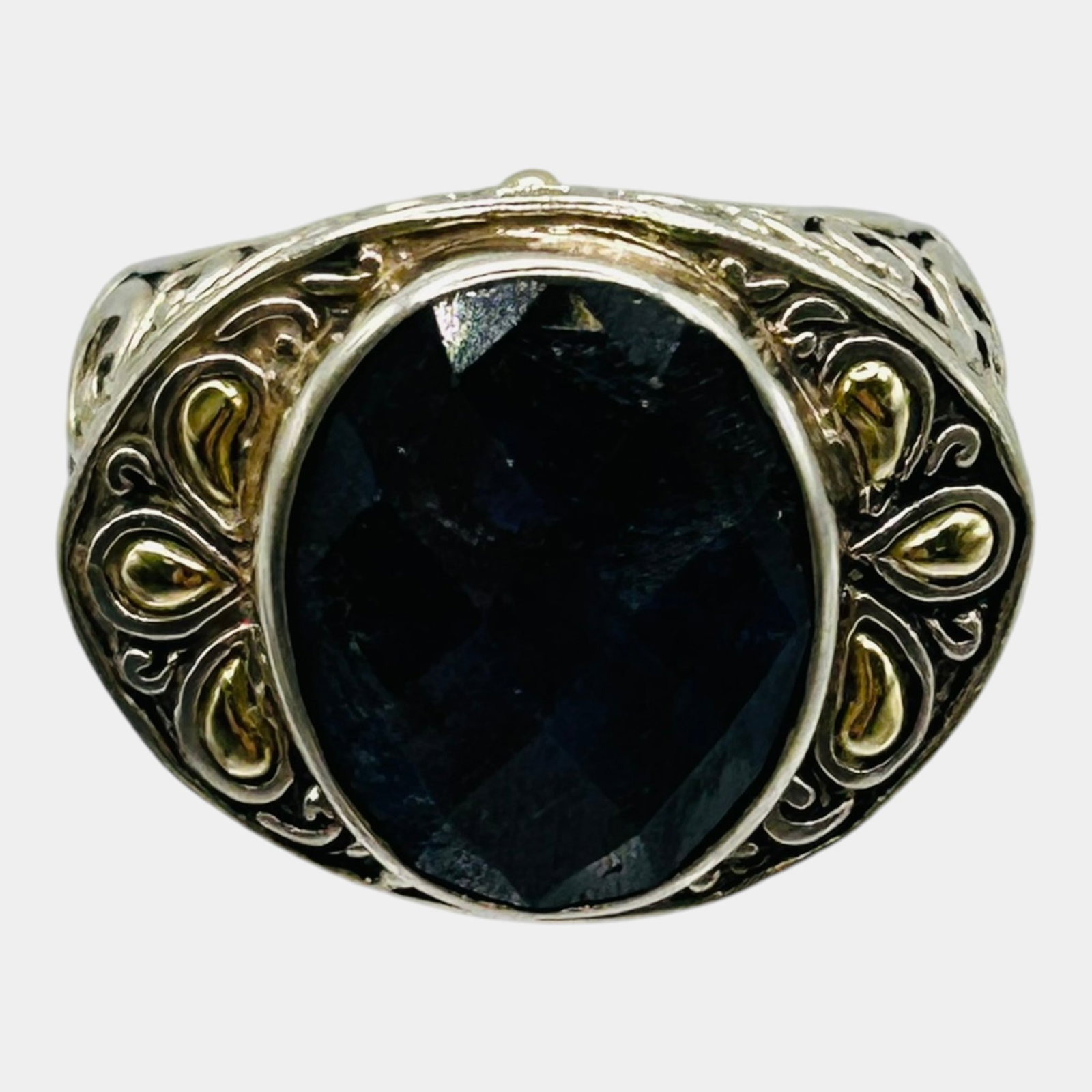 Samuel B Benham Sterling Silver & 18K Yellow Gold Accented Sapphire Statement Ring Size 8: Professional, fast, and affordable in house shipping available for all items. For higher resolution images please visit bid.craftedauctions.com Elegantly crafted, this Samuel B. Benham sterling silver