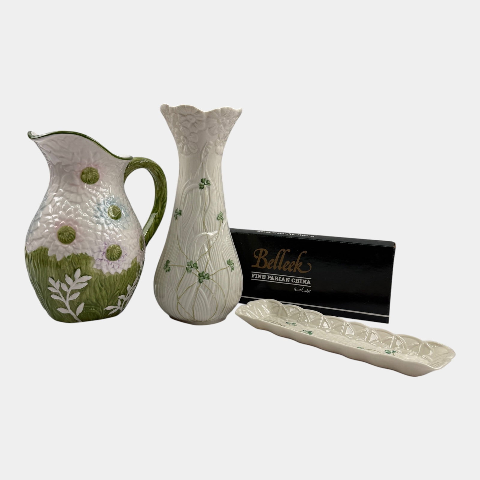 Belleek Irish Fine Parian China Clover Decorated Vase & Dish With Mikasa Silk Floral Handled Pitcher (1 of 7)